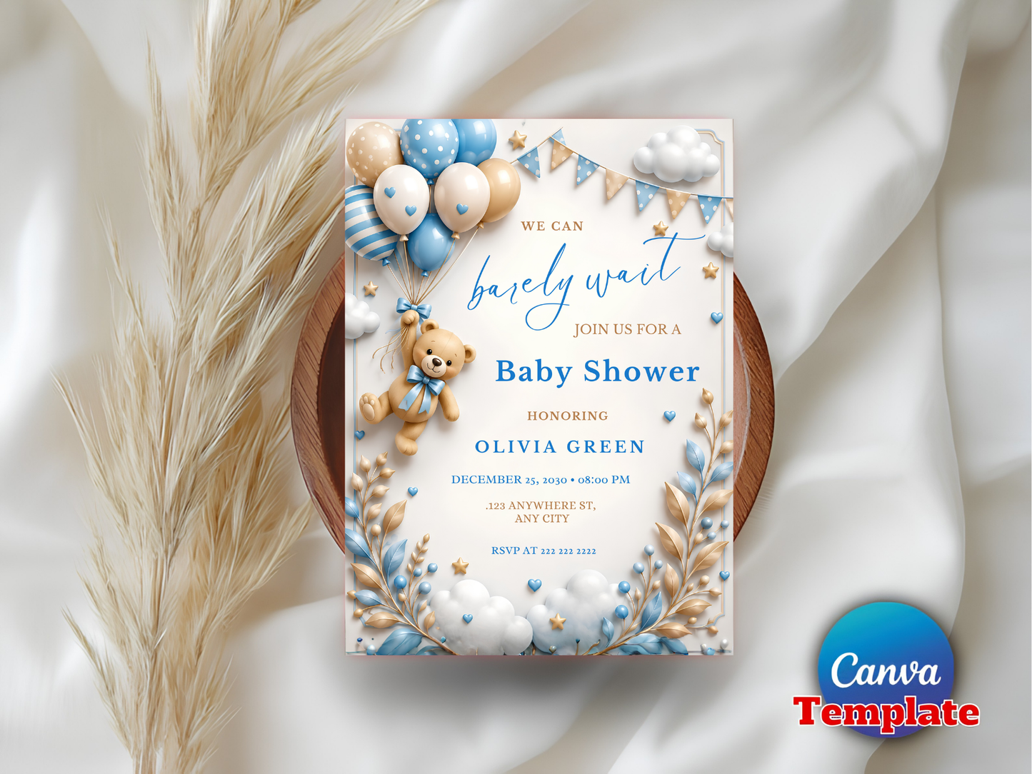 Editable Brown Bear Balloon, We Can Bearly Wait Baby Shower Invite, Teddy Bear Baby Shower, Canva Template, Instant Download