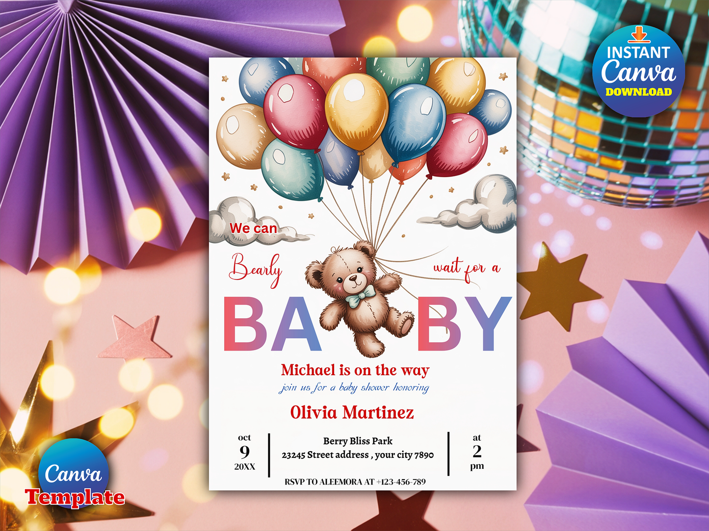Editable Brown Bear Balloon Baby Shower Invitation