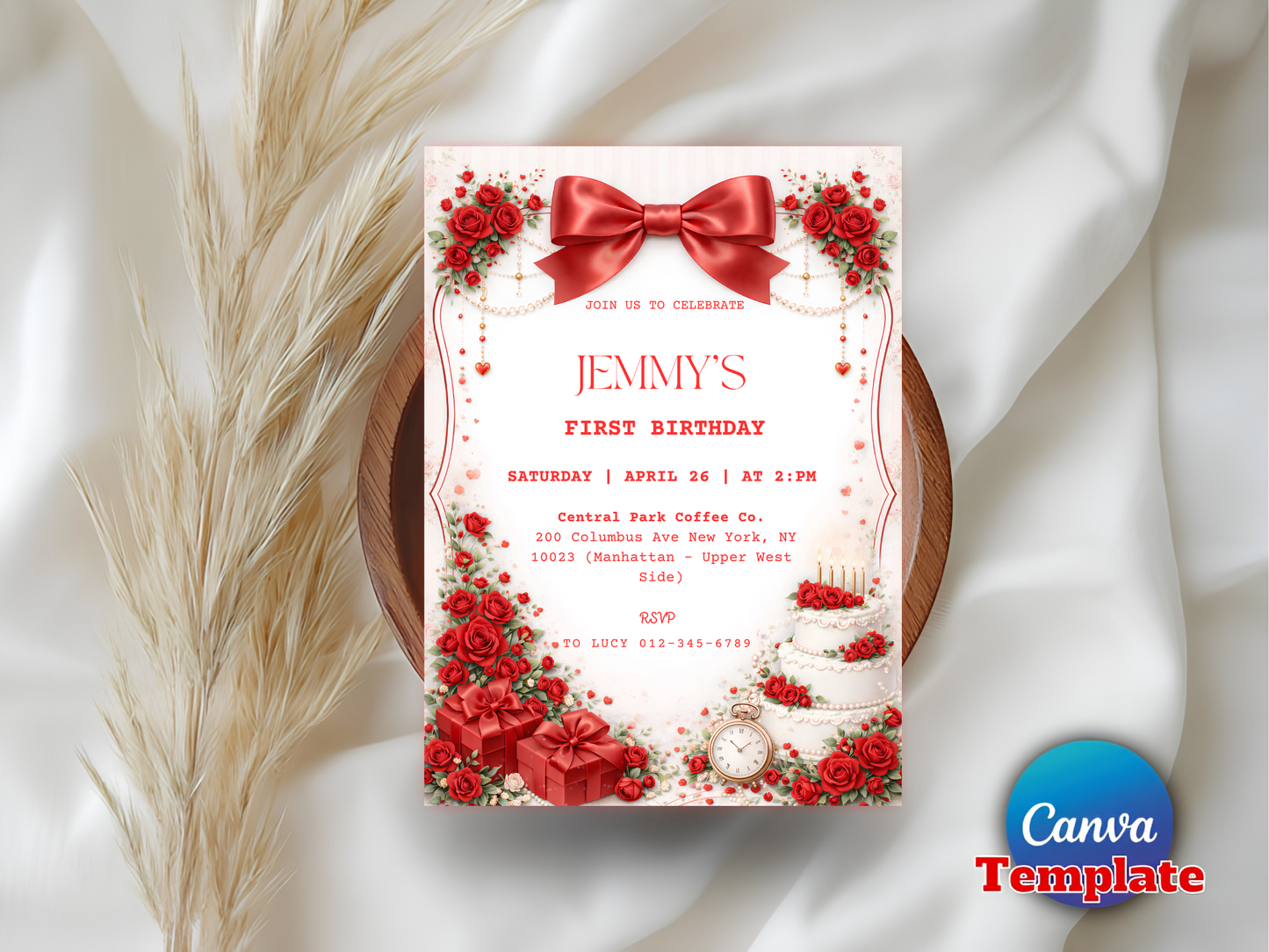 Editable Vintage Rose Elegant Coquette Pink Bow Floral Birthday Invitation Template