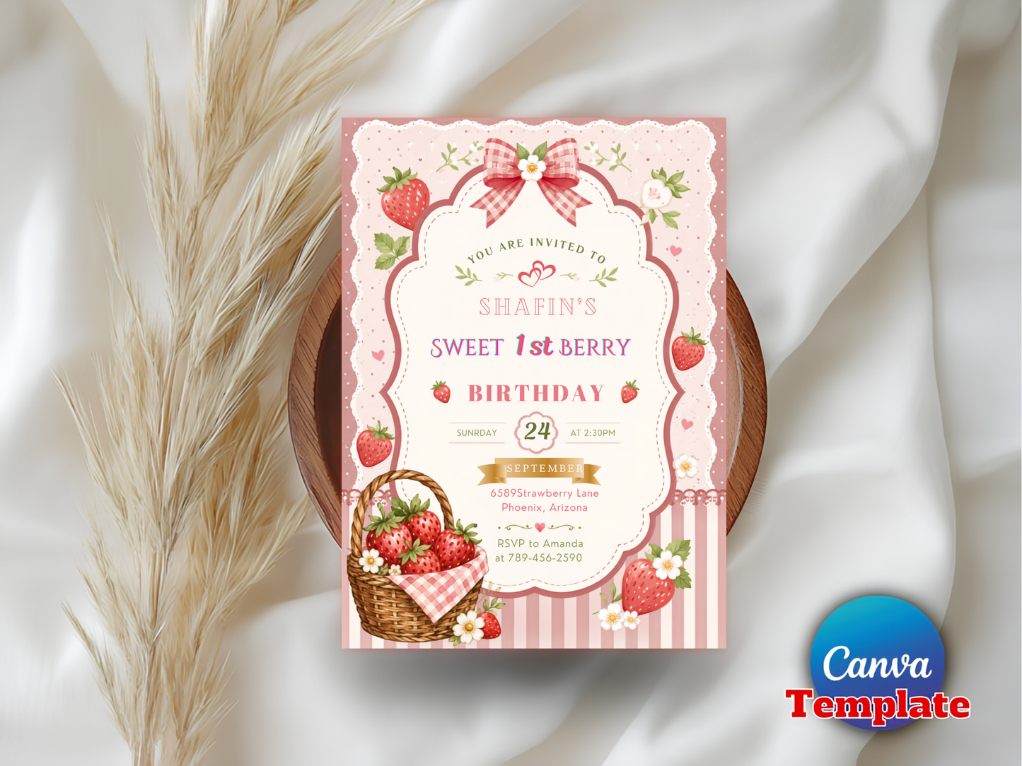 Strawberry Birthday Invitation, Berry First Birthday Invitation, Strawberry Thank You Tags (Digital Download)