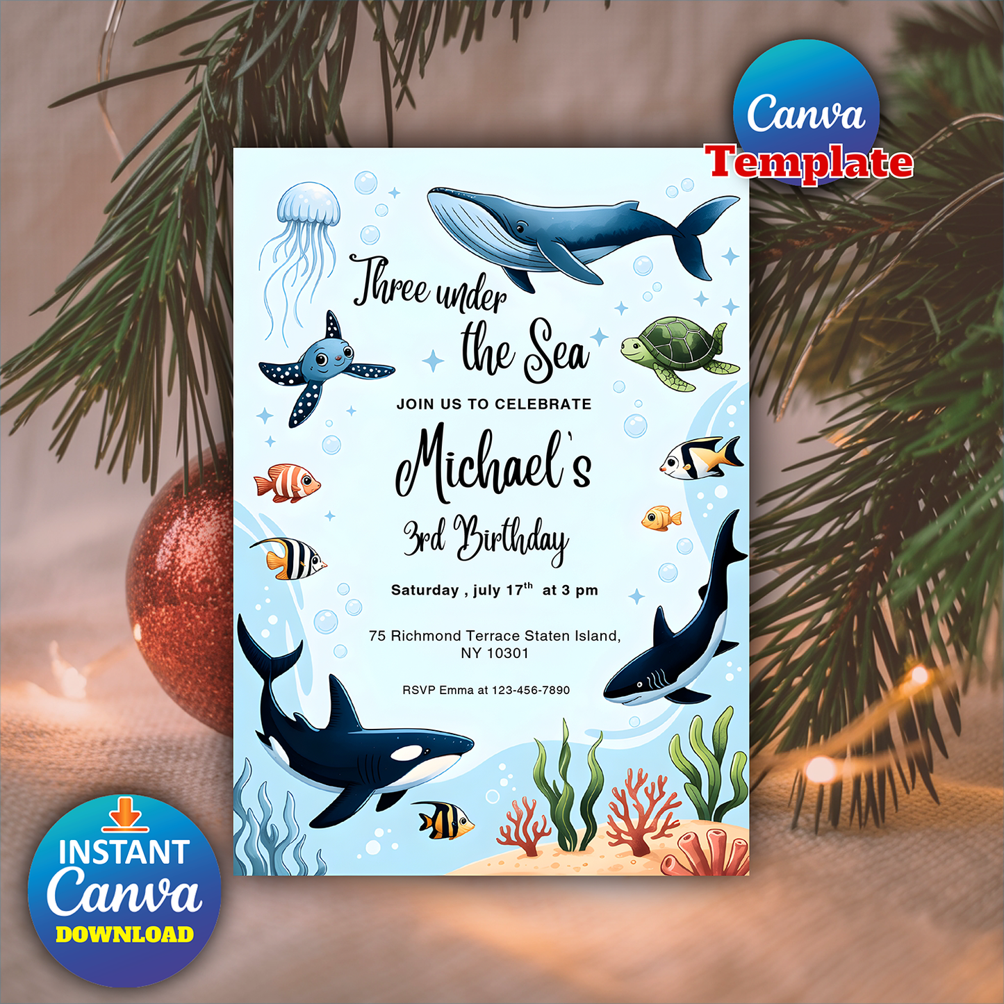 Editable Three Under the Sea 3rd Birthday Party Invitation
