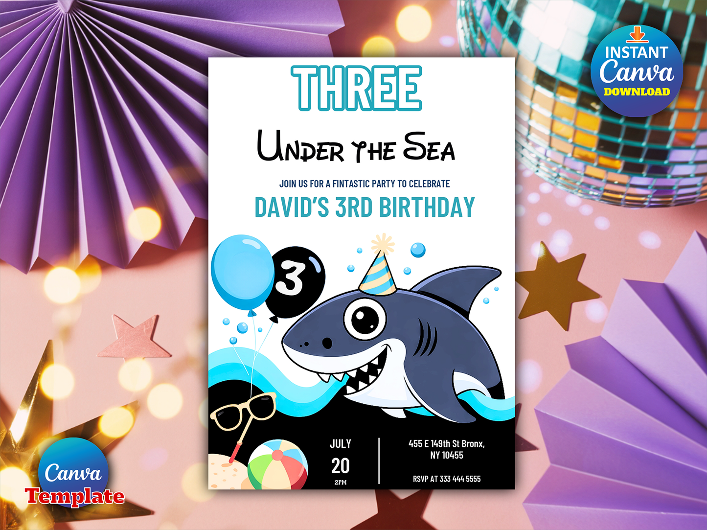 Editable Shark Three Under The Sea 3rd Birthday Party Invitation
