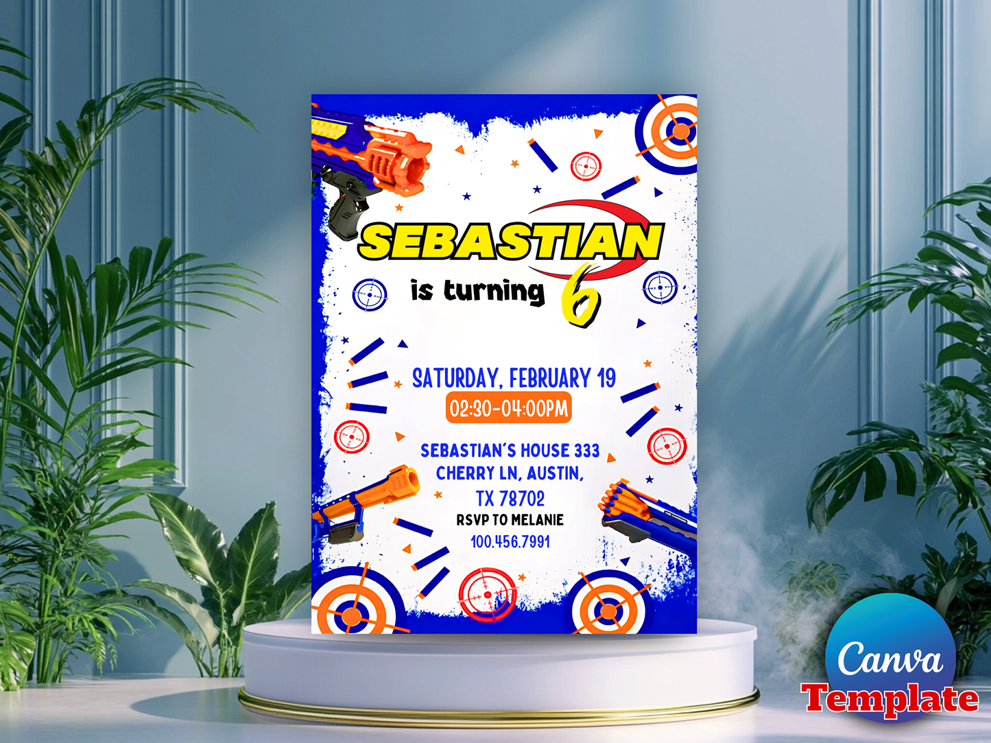 Nerf Gun Theme 6th Birthday Invitation Canva Template Printable