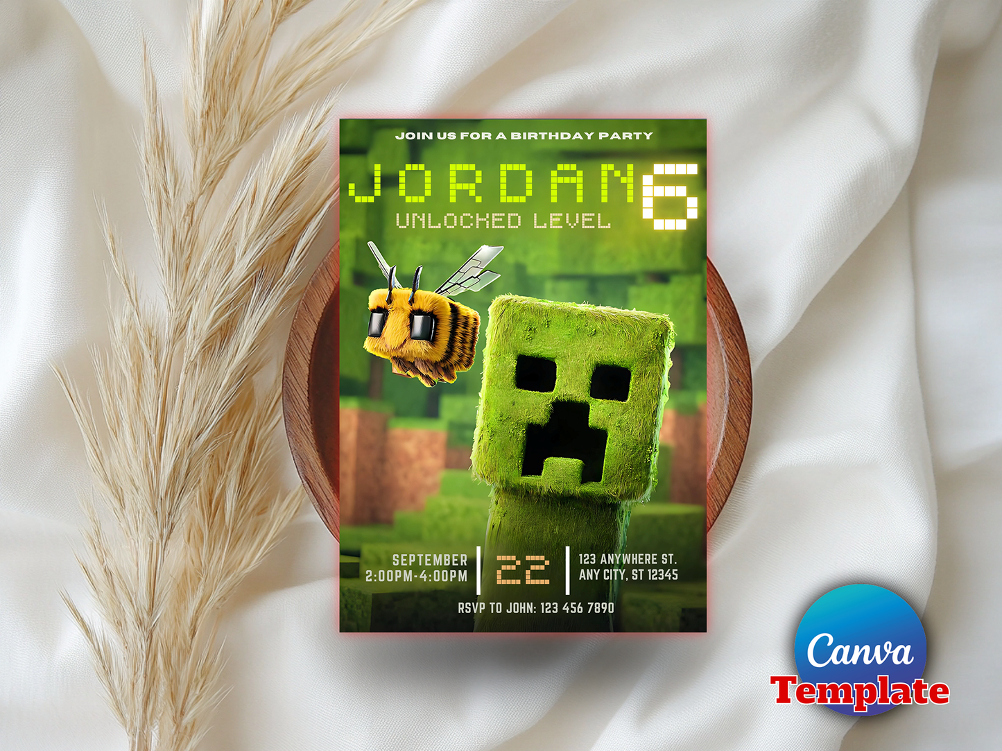 Minecraft Creeper Unlocked Level 6 Theme Birthday Invitation Canva Template