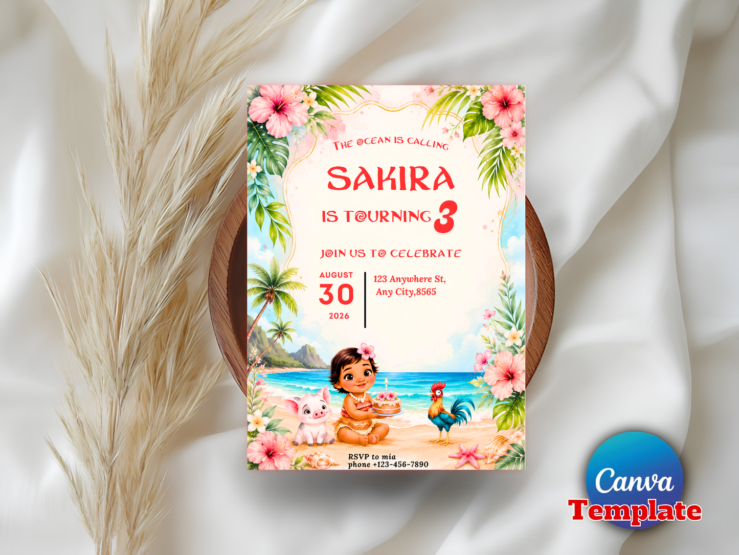 The Ocean Is Calling Birthday Invitation Girl, Polynesian Princess Beach Invite, Luau Birthday Canva Template Digital Download