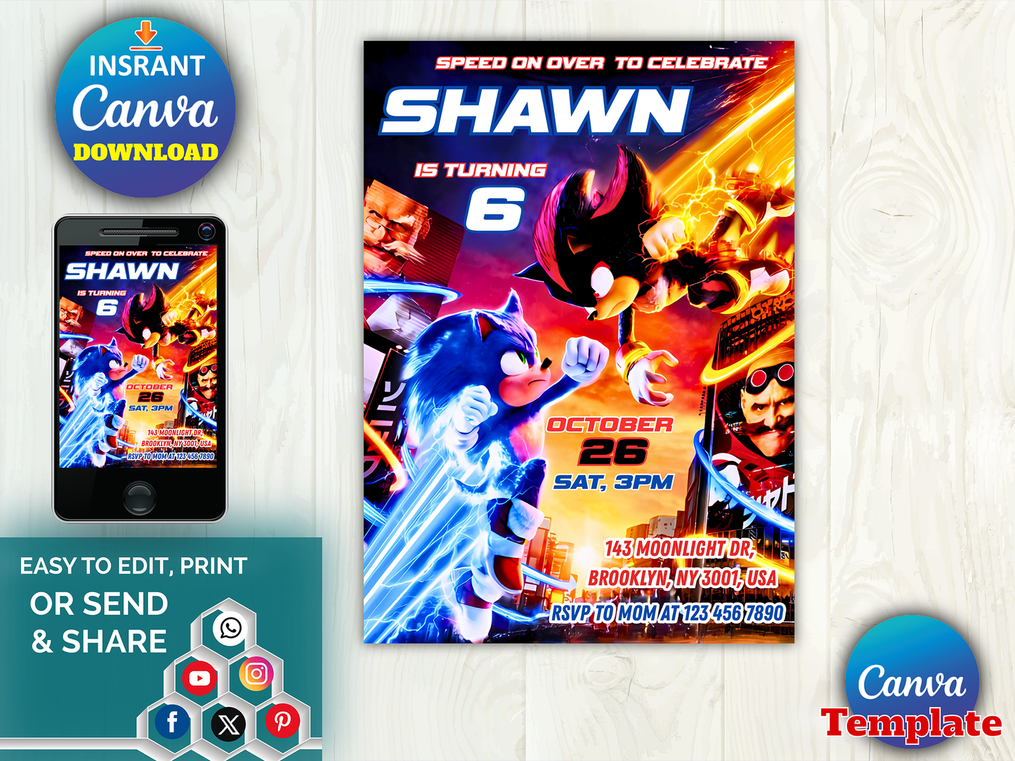 Sonic Birthday Invitation Template(Printable)