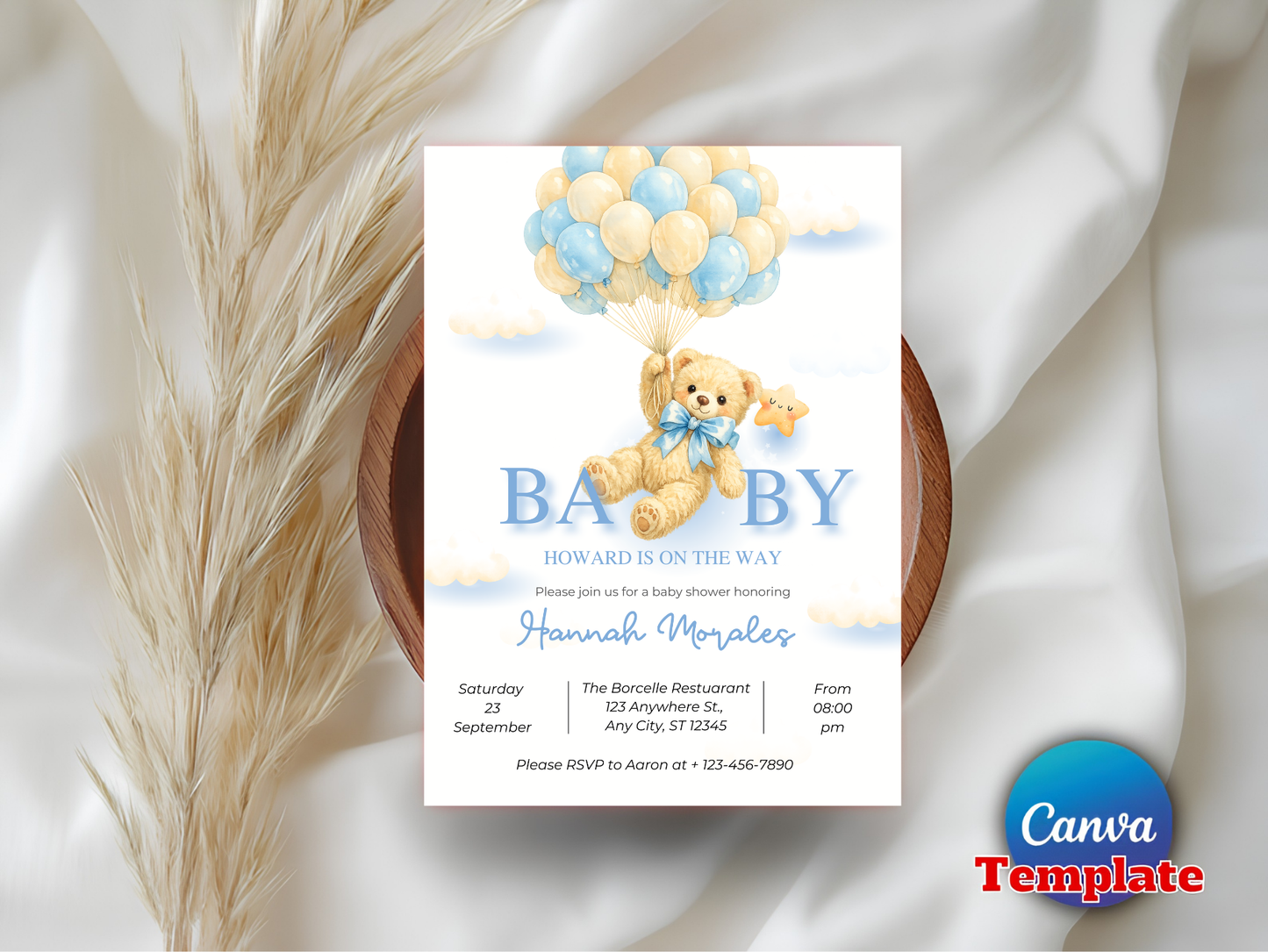 Editable Brown Bear Balloon Baby Shower Invitation, We Can Bearly Wait Baby Shower Invite, Blue Boy Boho Bear Baby Shower Canva Digital