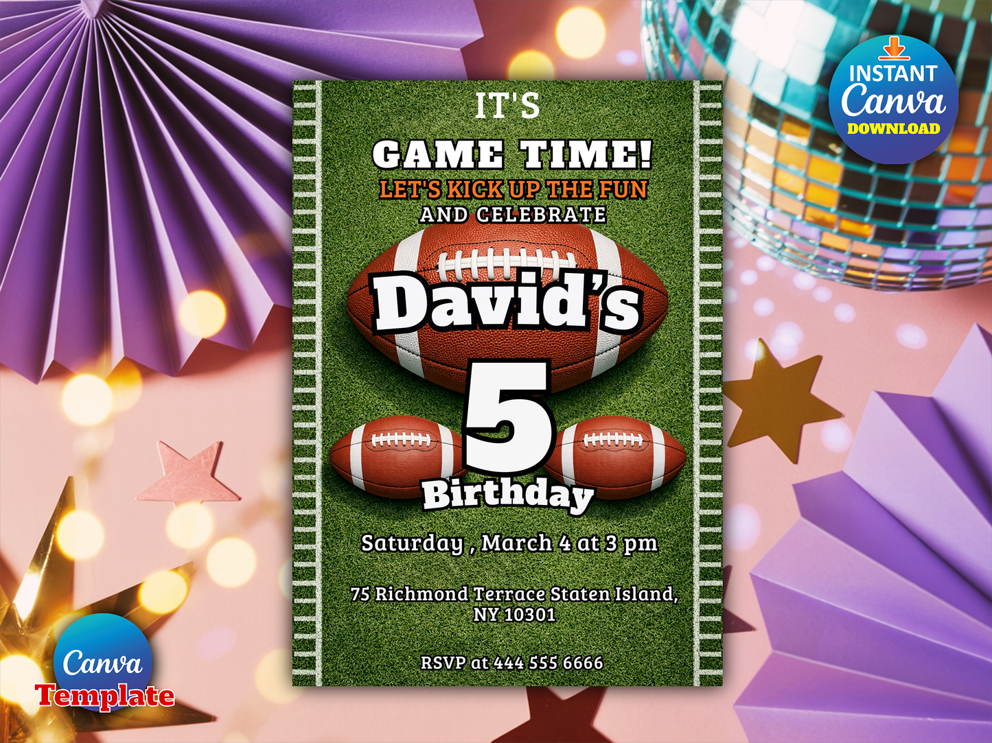 Editable Football Game Time Birthday Invitation