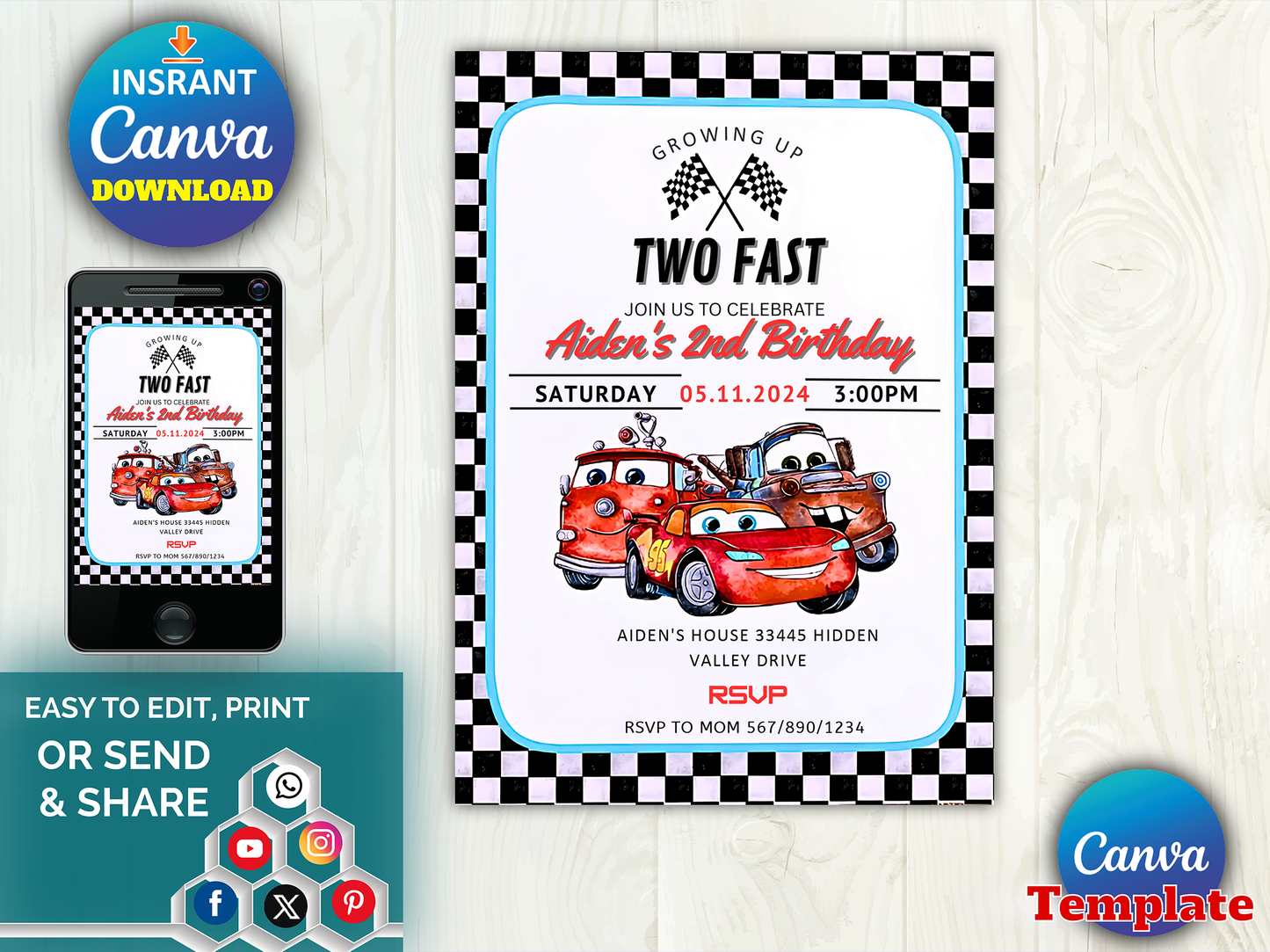 Two Fast Race Car Theme 2nd Birthday Invitation Canva Template Printable