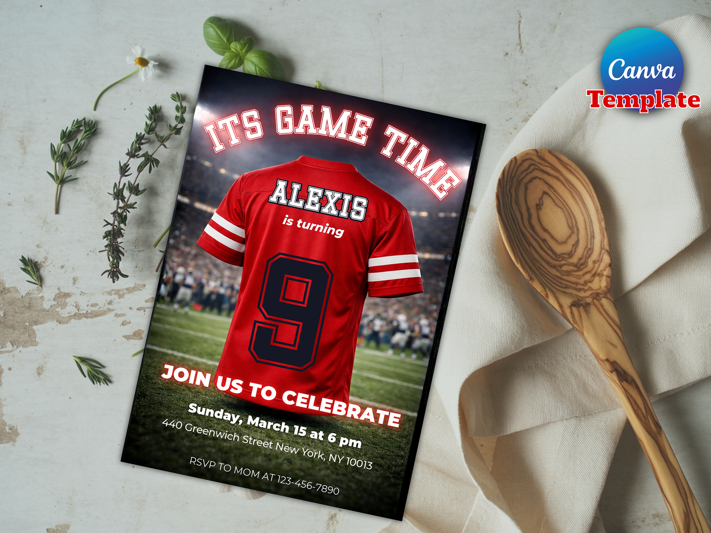 Editable American Football jersey invitation party