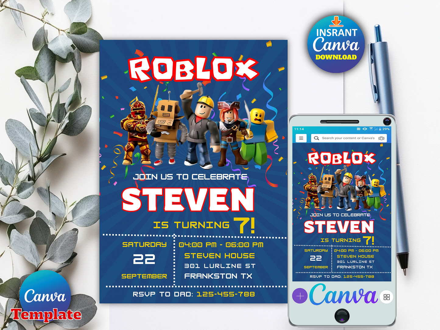 Roblox Birthday Invitation Canva Template – Editable, Printable & Instant Download 🎮🎉