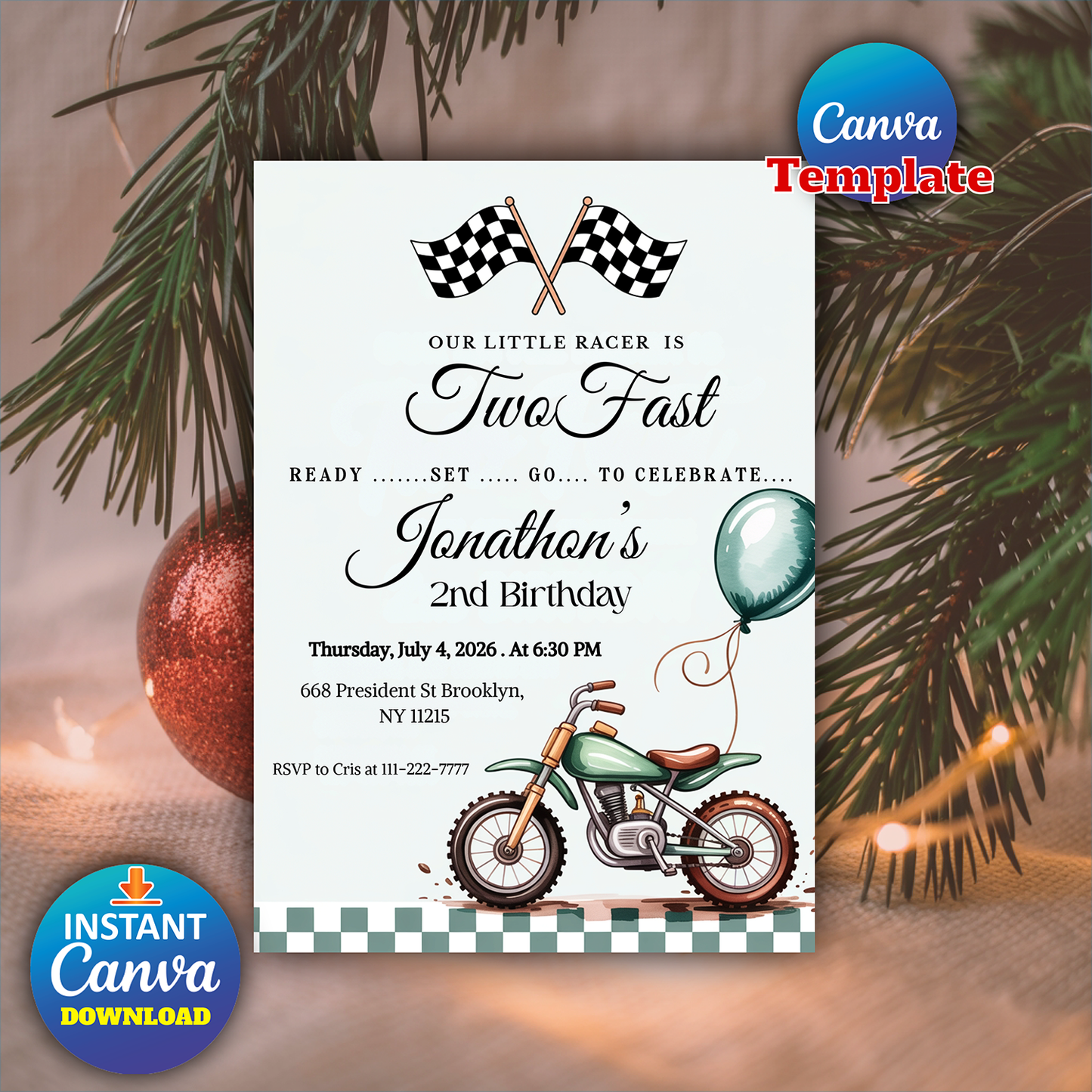Editable Two Fast Dirt Bike Birthday Party Invitation