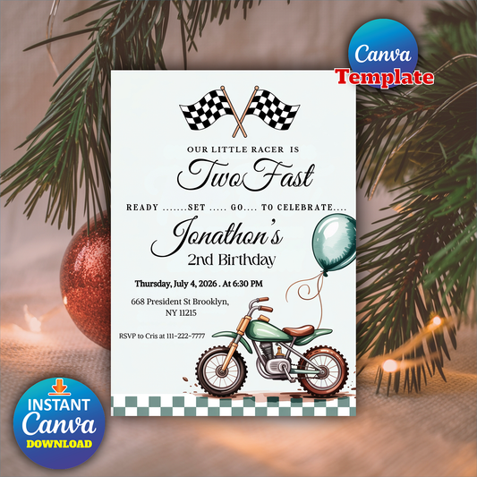 Editable Two Fast Dirt Bike Birthday Party Invitation