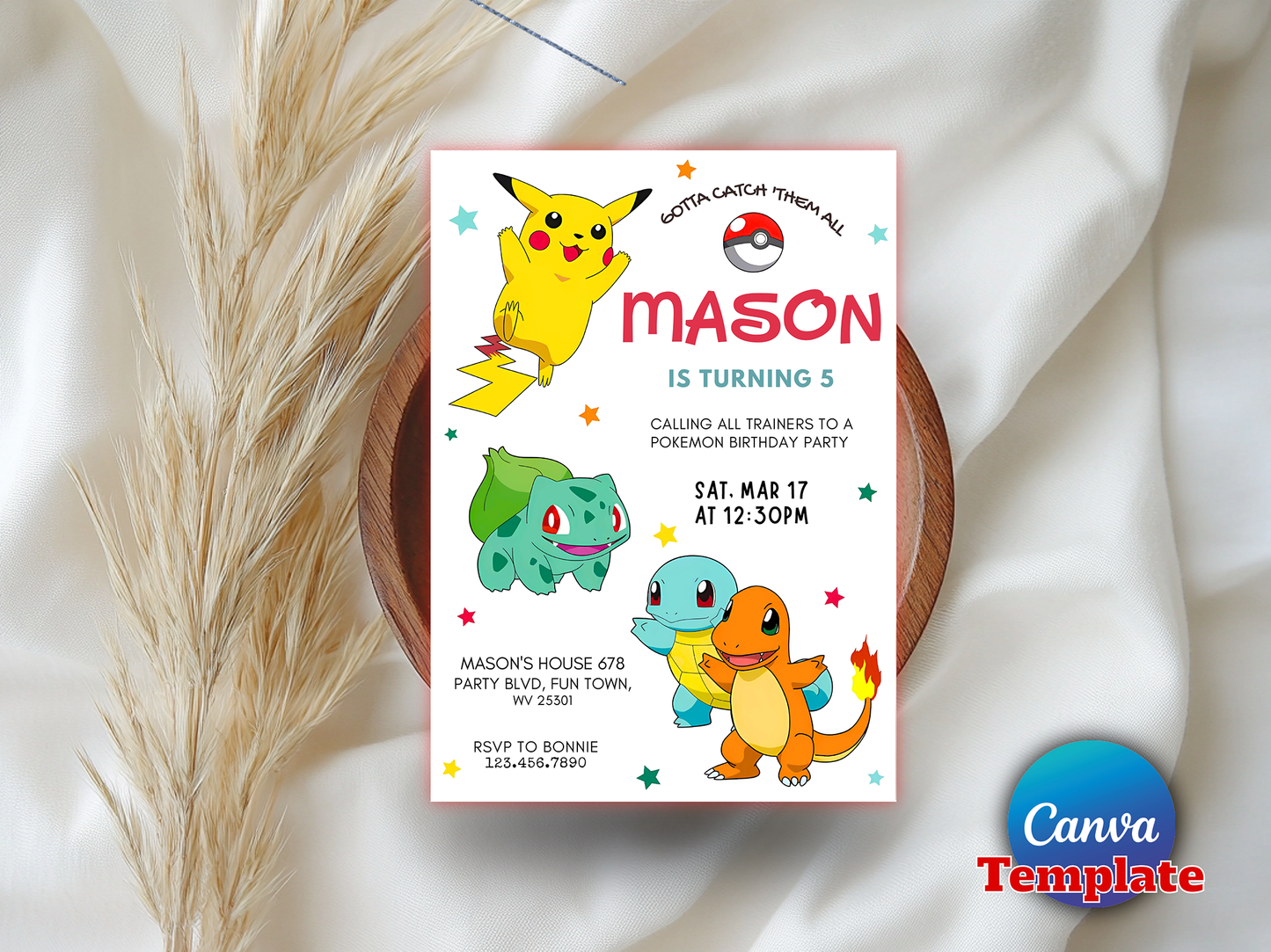 Pokémon Themed 5th Birthday Invitation Canva Template