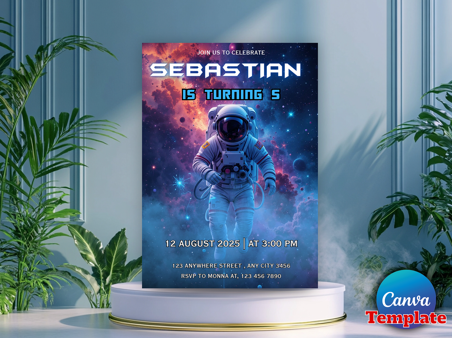 Outer Space Astronaut Birthday Invitation Template - Editable Canva Digital Download