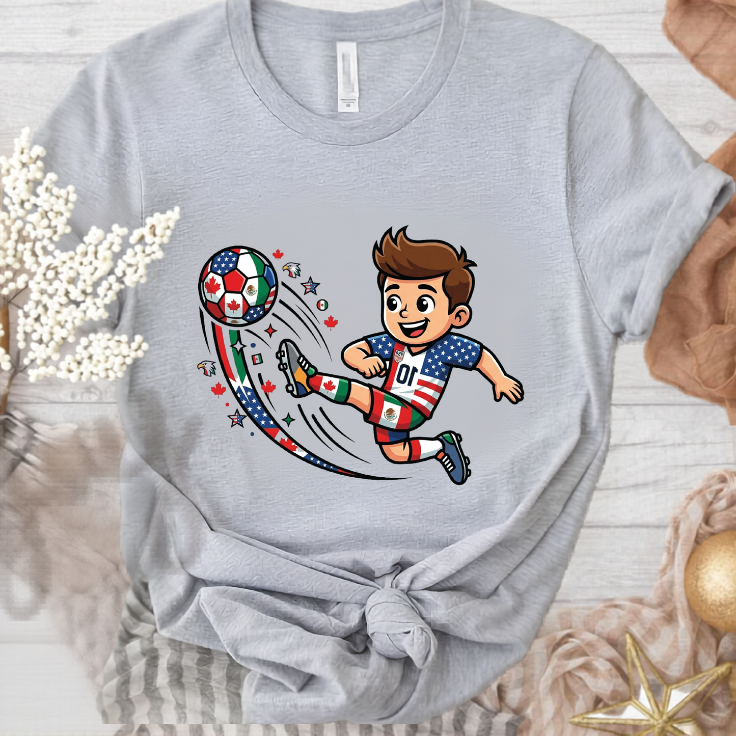 Kids 2026 World Cup Soccer Boy Cartoon Graphic Grey T-Shirt (physical)