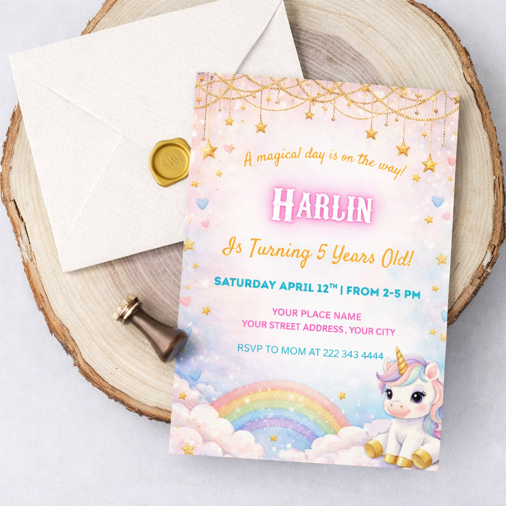 Pastel, Rainbow Unicorn Sparkles and Gold Invitation