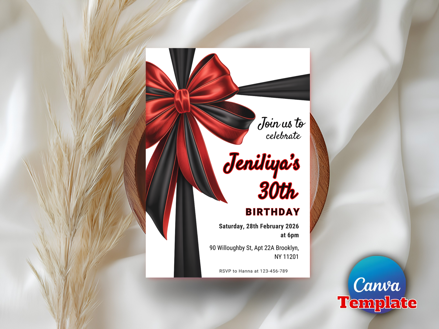 30th Birthday Invitation: Elegant Black Bow, Coquette Style