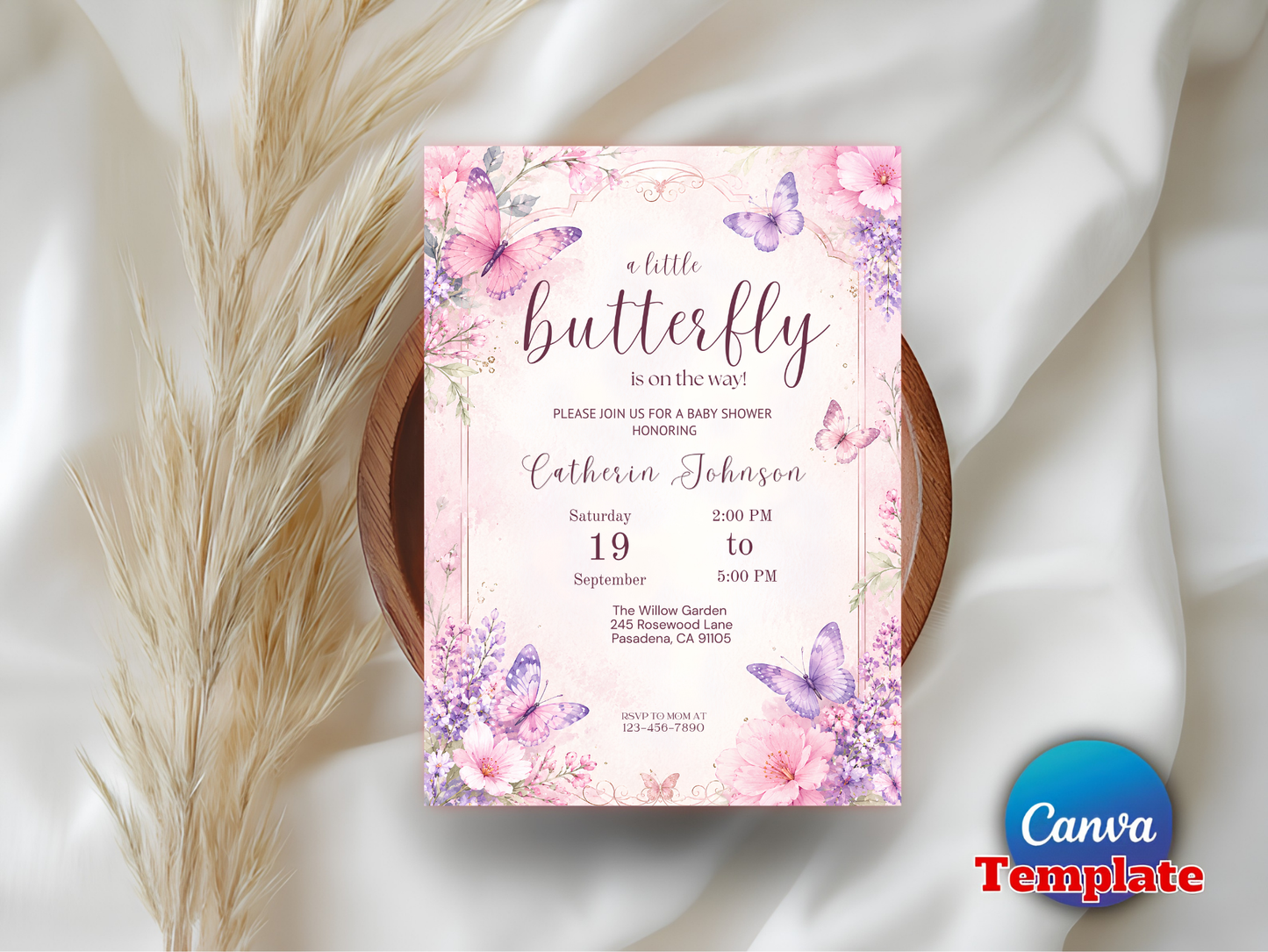 Baby shower invitation  floral editable Canva template