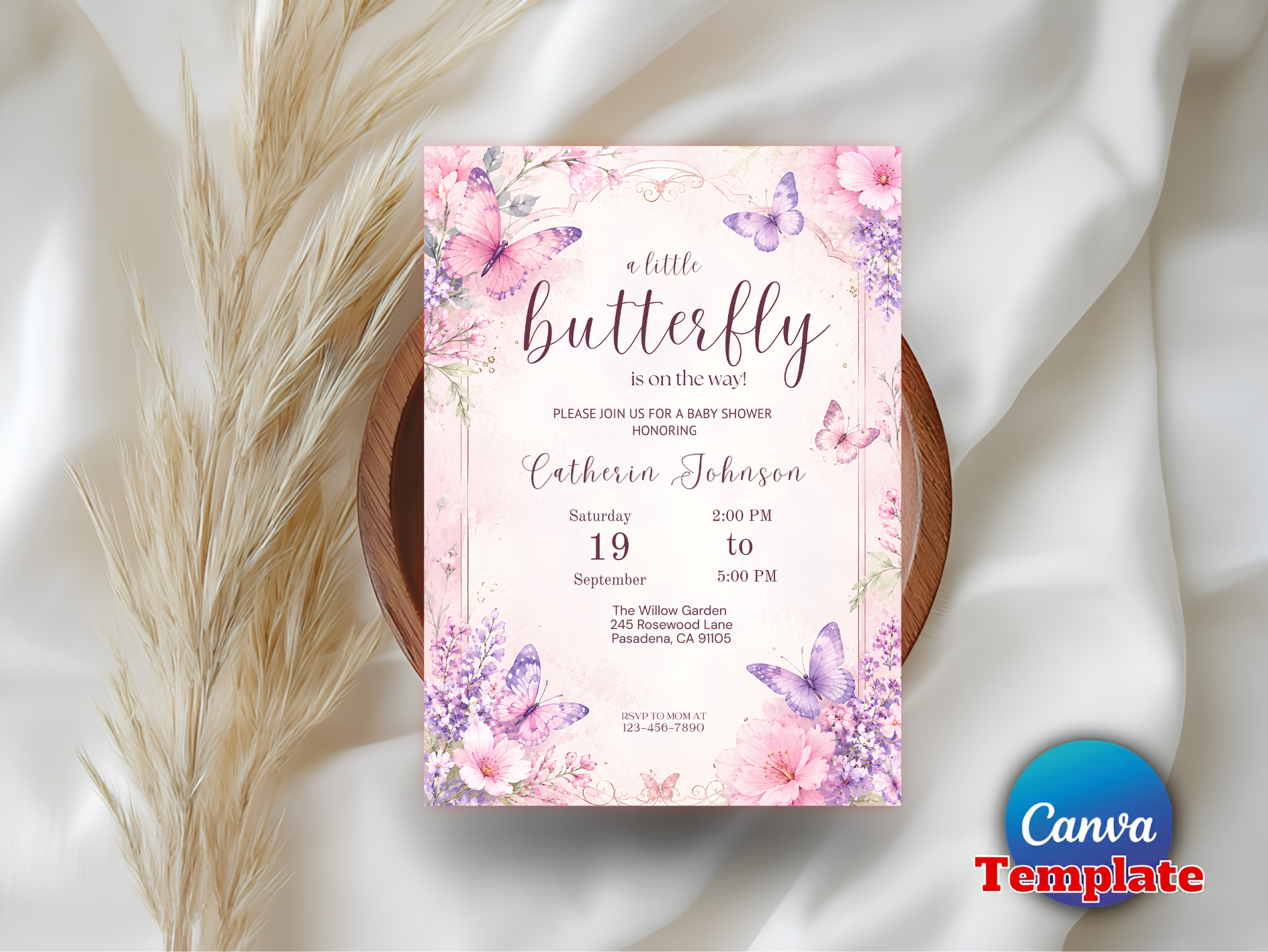 Baby shower invitation  floral editable Canva template