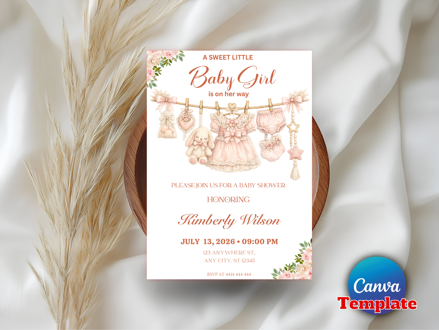 Boho Girl Clothesline Baby Shower Invitation, Boho Baby Clothes Invitation, Instant Download, Digital Template, Editable Canva