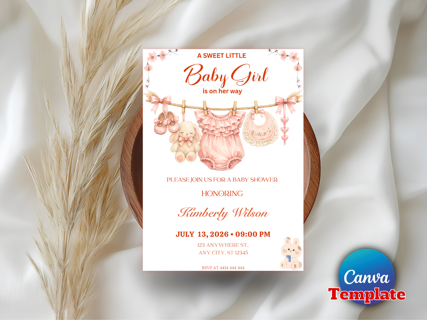 Pink Baby Clothes Sweet Baby Girl Invitation, Pink Floral Clothesline Invite, A Sweet Baby Girl is on Her Way Baby Shower, Editable Canva