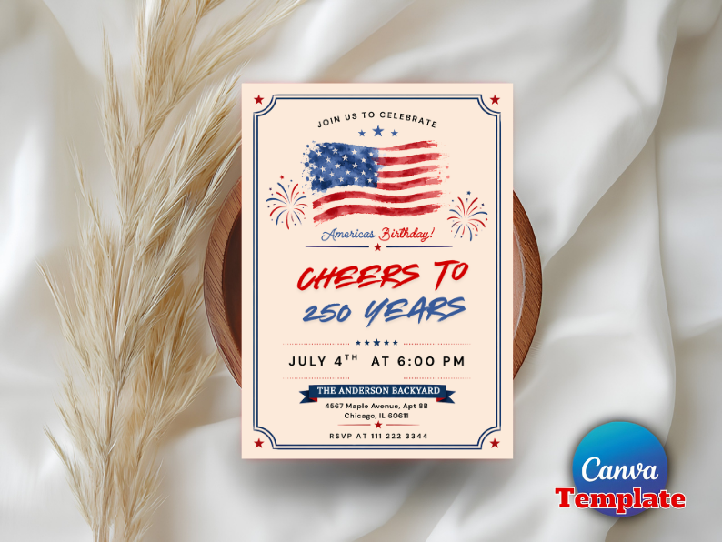 Editable America 250th Semiquincentennial 4th of July Invitation Template | Cheers to 250 Years Party Invite Canva