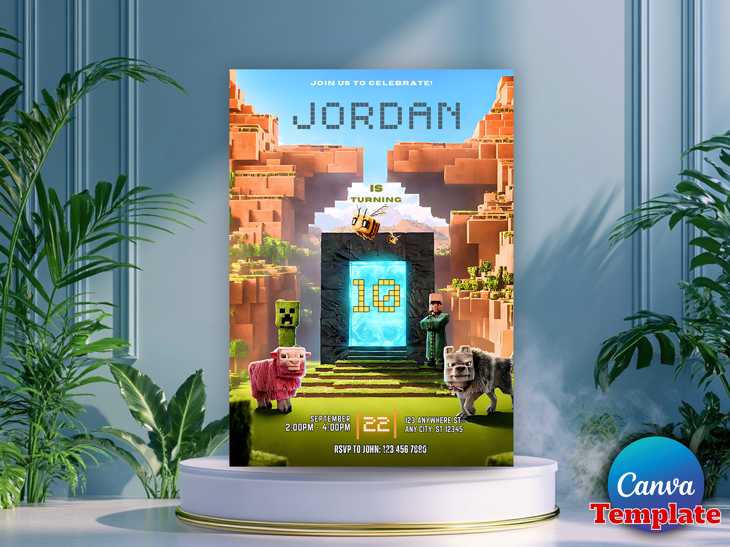 Minecraft Nether Portal Theme 10th Birthday Invitation Canva Template