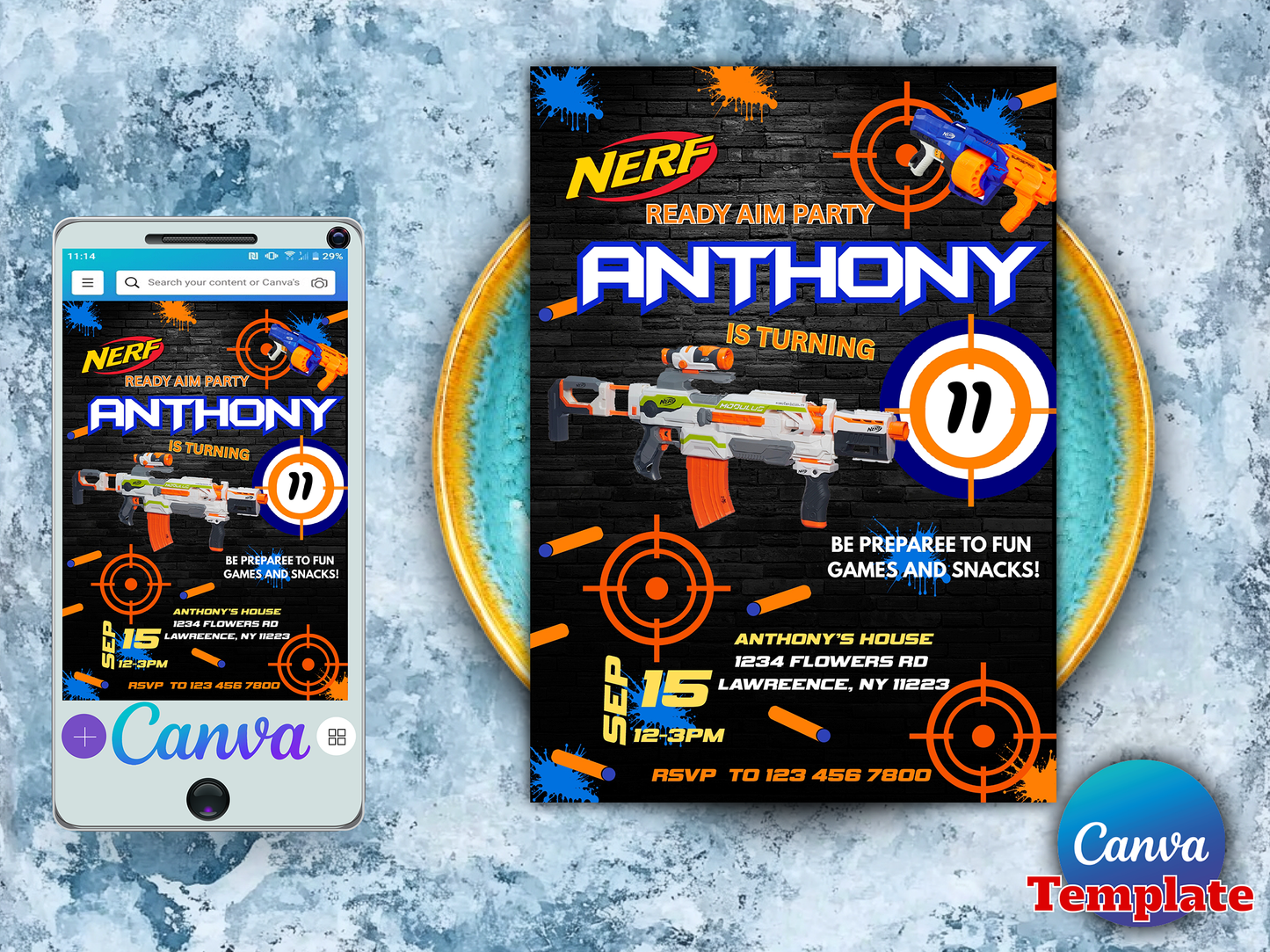 Nerf Gun Theme Birthday Invitation Template - Editable Canva Digital Download