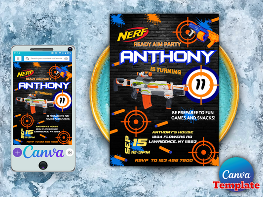 Nerf Gun Theme Birthday Invitation Template - Editable Canva Digital Download