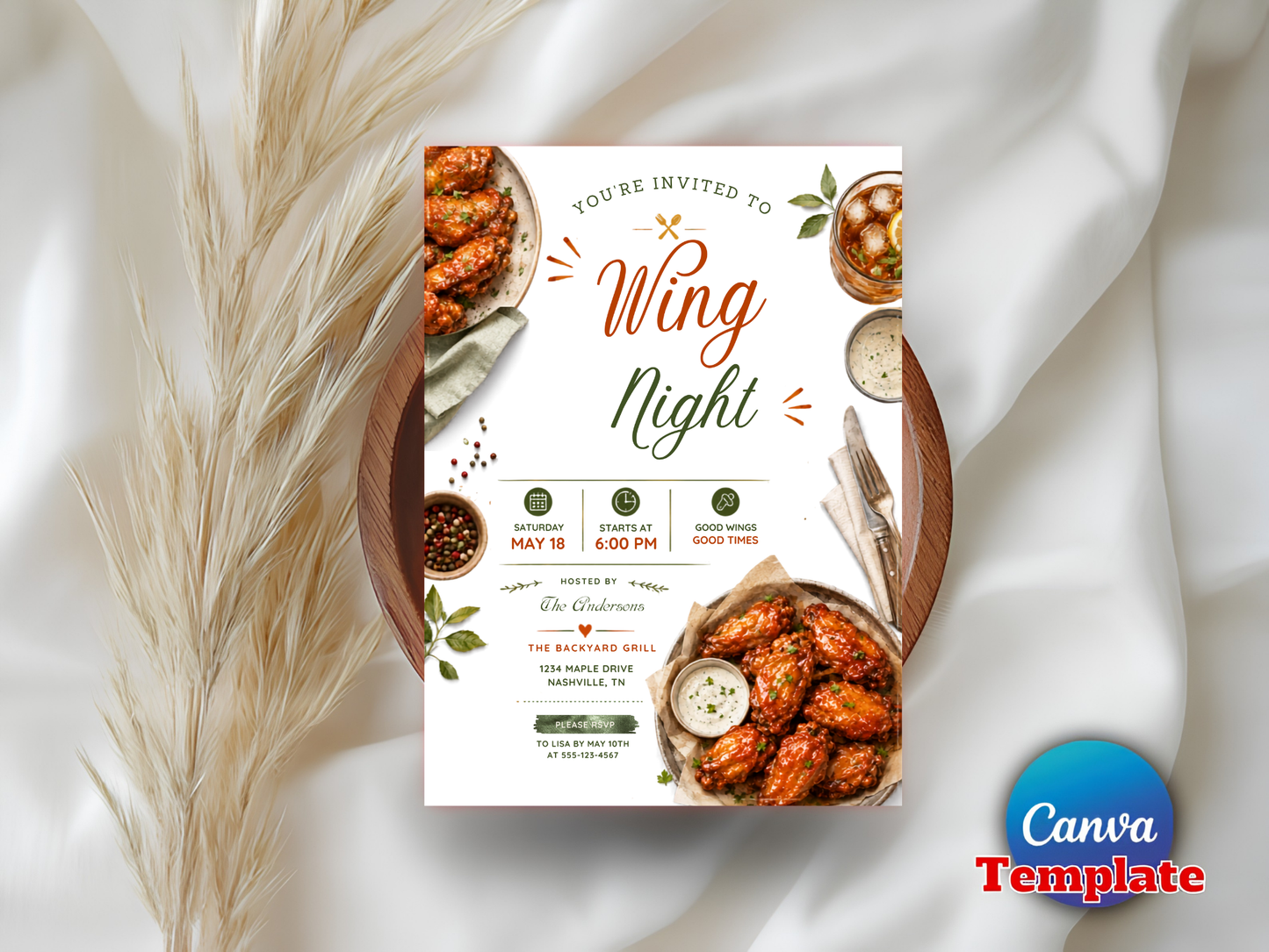 A rectangular wedding invitation card for 'Wing Night' is displayed on a wooden tray surrounded by dried pampas grass and white fabric. The card features appetizing photos of grilled chicken wings, cocktail sauce, and a dipping sauce, with elegant typography.