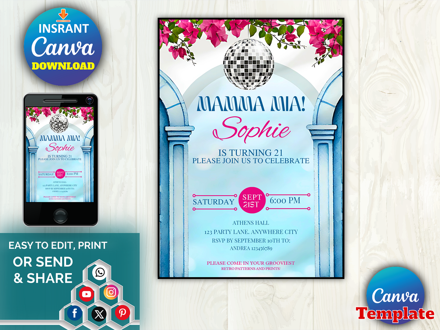 Mamma Mia Disco 21st Birthday Invitation Template - Editable Canva Digital Download