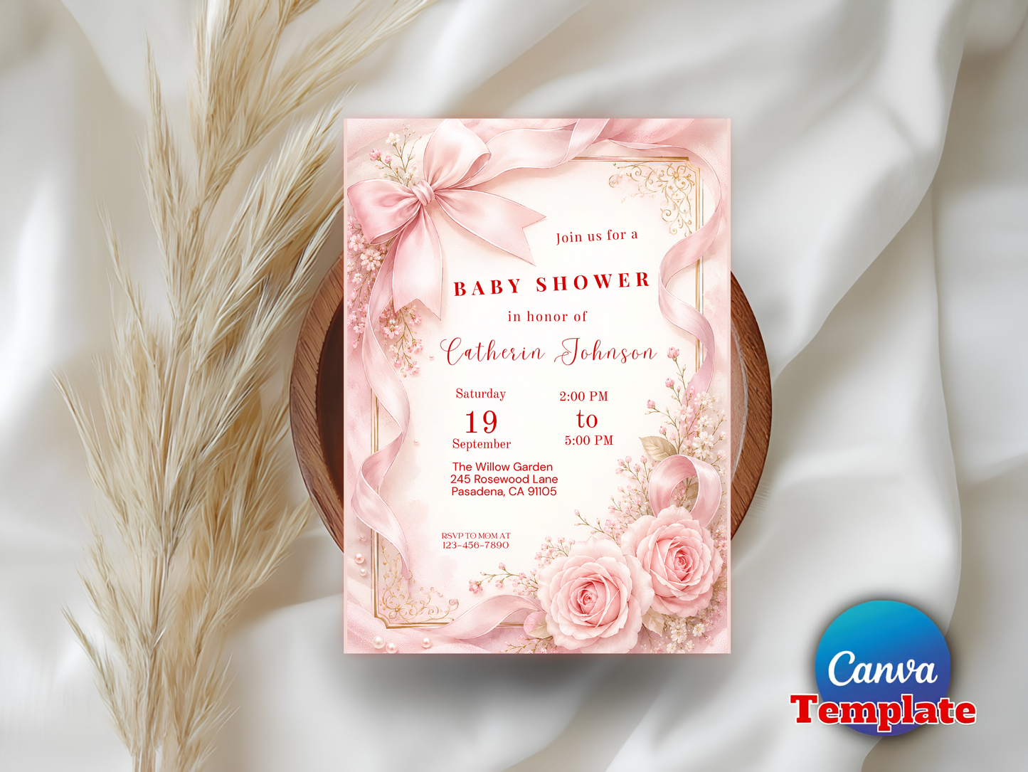 Blush Pink Bow Baby Shower Invitation Template Baby Girl Shower Canva Template Elegant Pink Coquette Baby Shower Invitation Instant Download