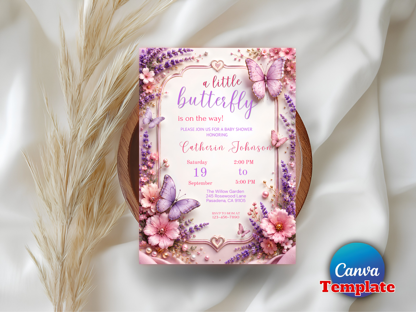 Editable Butterfly Baby Shower Invitation for Girl, Watercolor Floral Canva Template