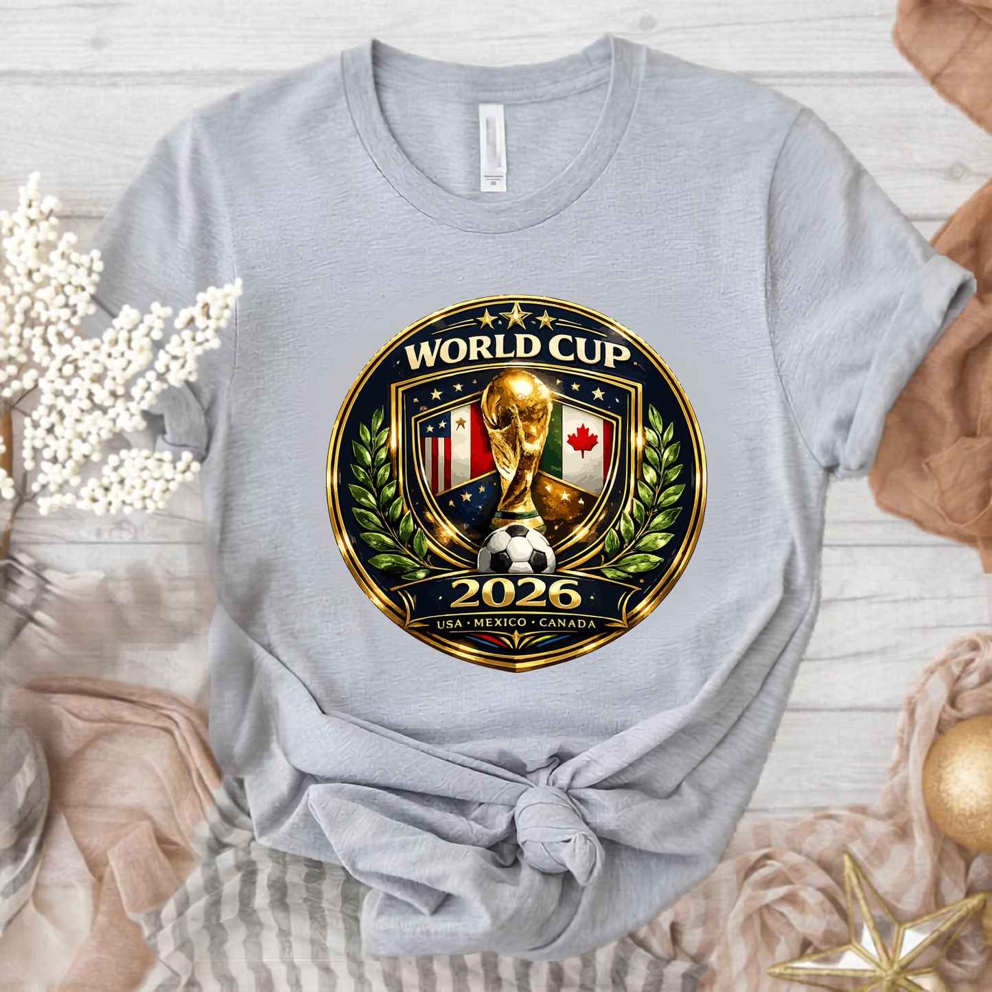 Official World Cup 2026 USA-Mexico-Canada Golden Emblem Premium Cotton T-Shirt (physical)