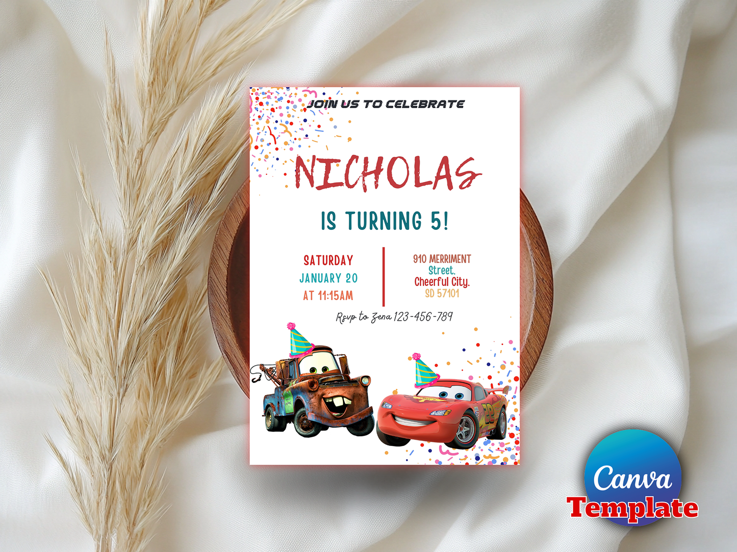Disney Cars Theme 5th Birthday Invitation Canva Template Printable