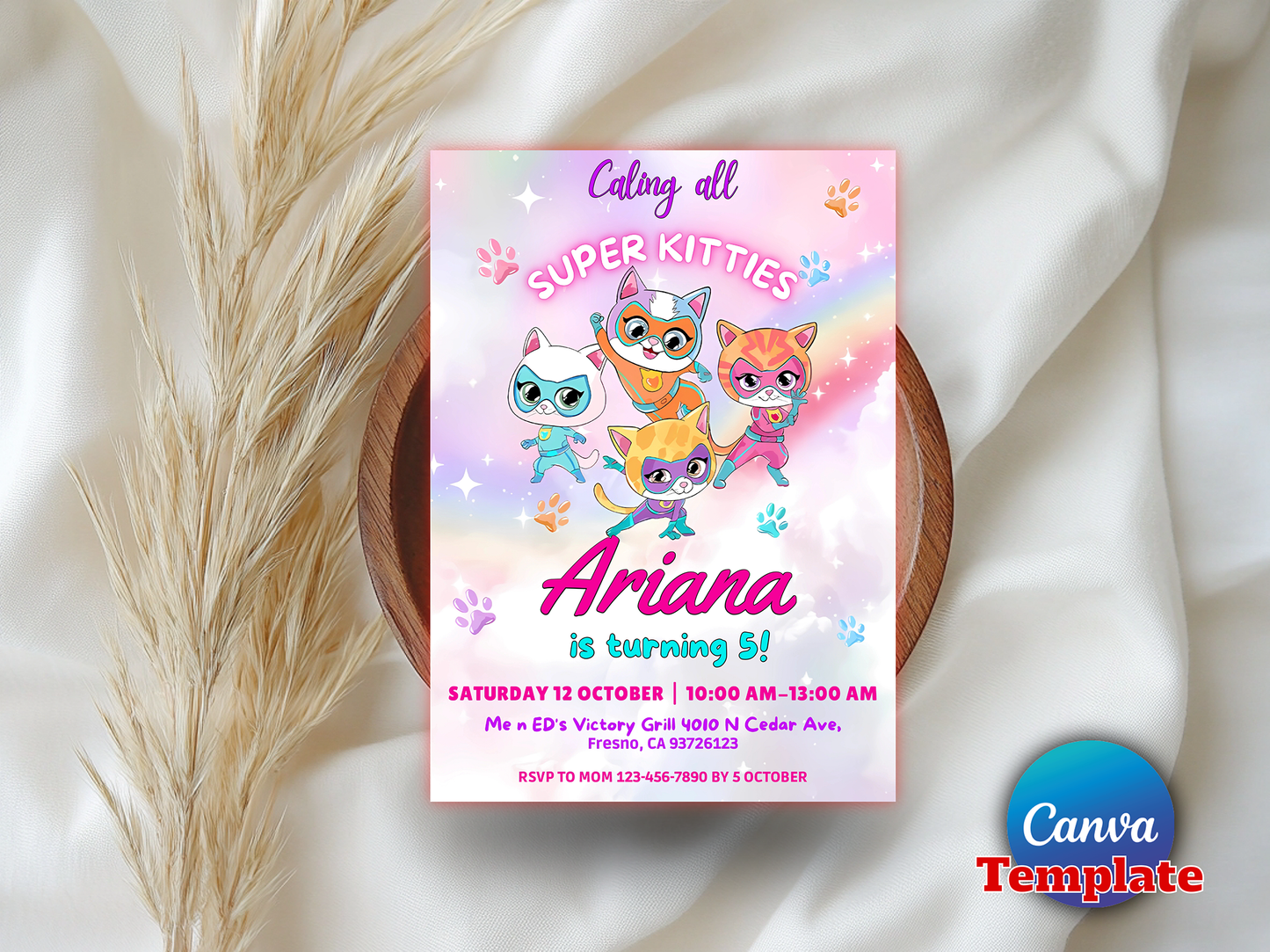 Super Kitties Themed 5th Birthday Invitation Canva Template