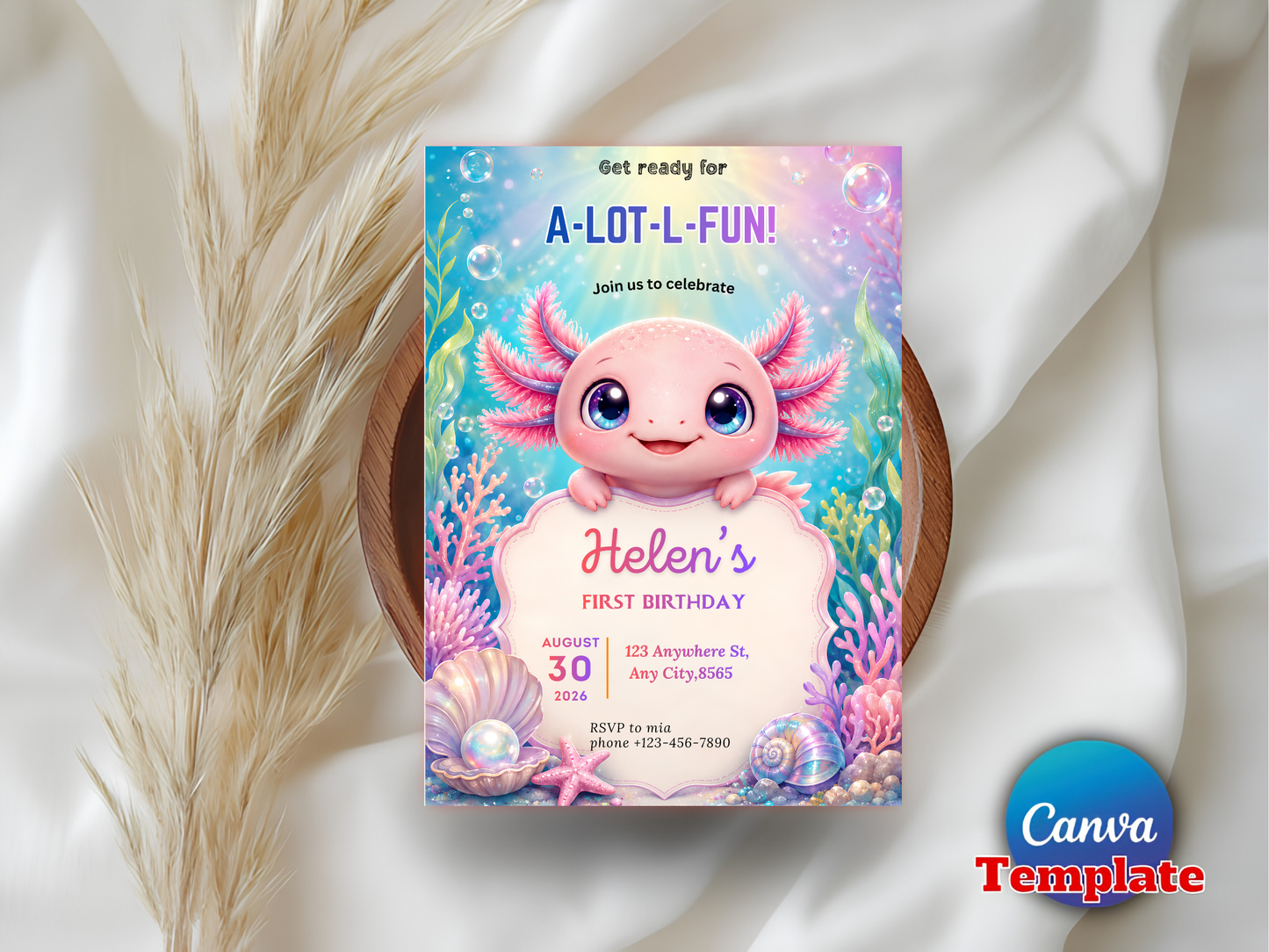 Axolotl Birthday Invitation Girl, A-Lot-L-Fun Underwater Invite, Cute Pink Axolotl 1st Birthday Canva Template Digital Download
