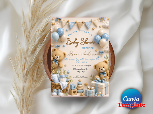 Baby Shower Invitation Template, Editable Canva Baby Shower Invite, Teddy Bear Baby Shower Invitation, Blue Boy Shower, Instant Download