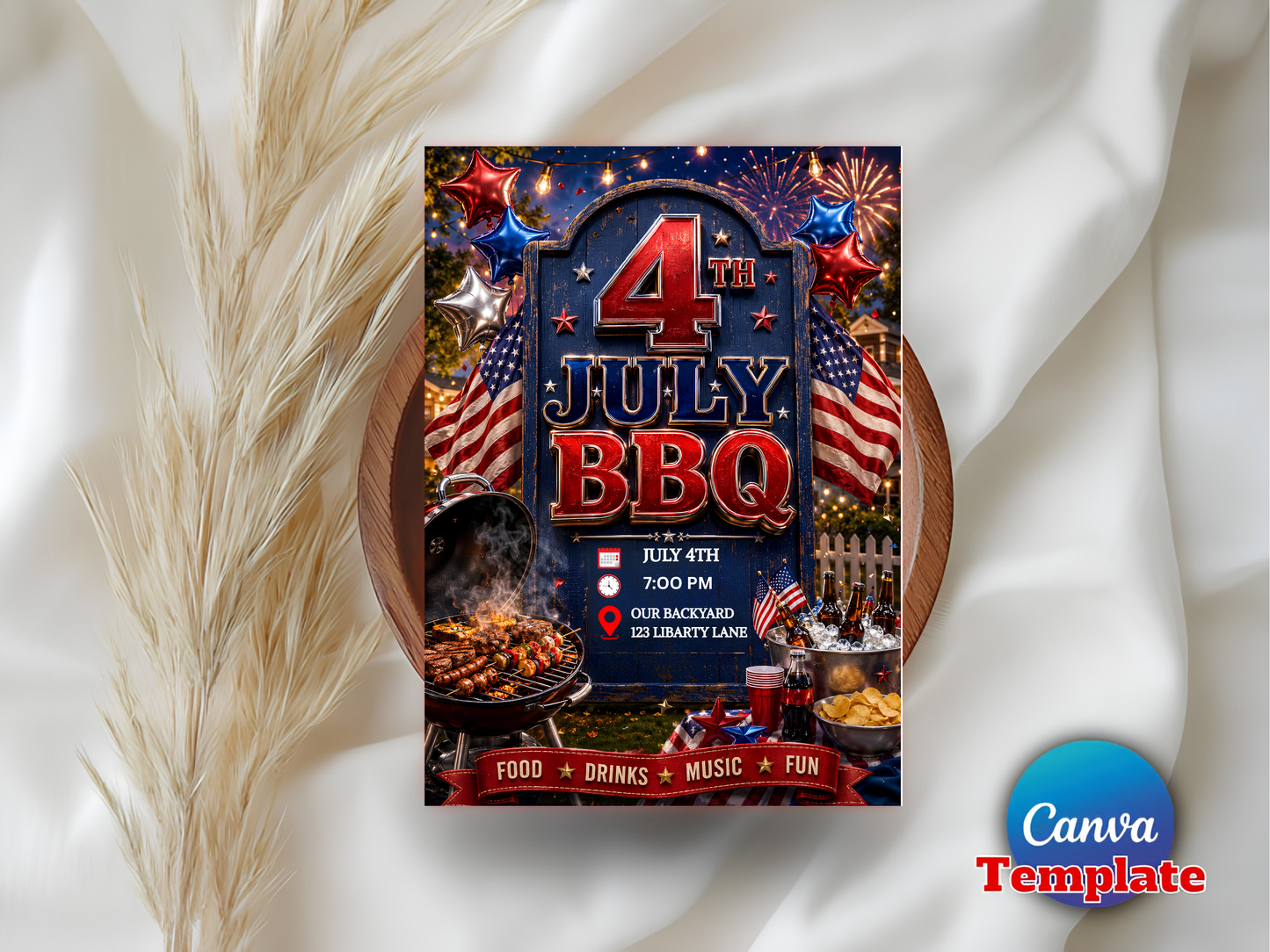 Editable 4th of July Party Invitation Template | USA Independence Day Fireworks Invite Canva