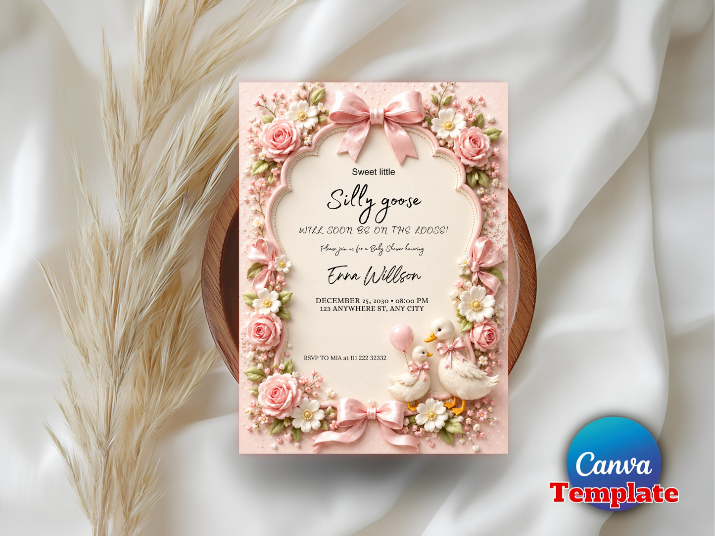 Silly Goose Girl Baby Shower Invitation: Coquette Pink Bow Goose Digital Download (5"x7" Editable Template)