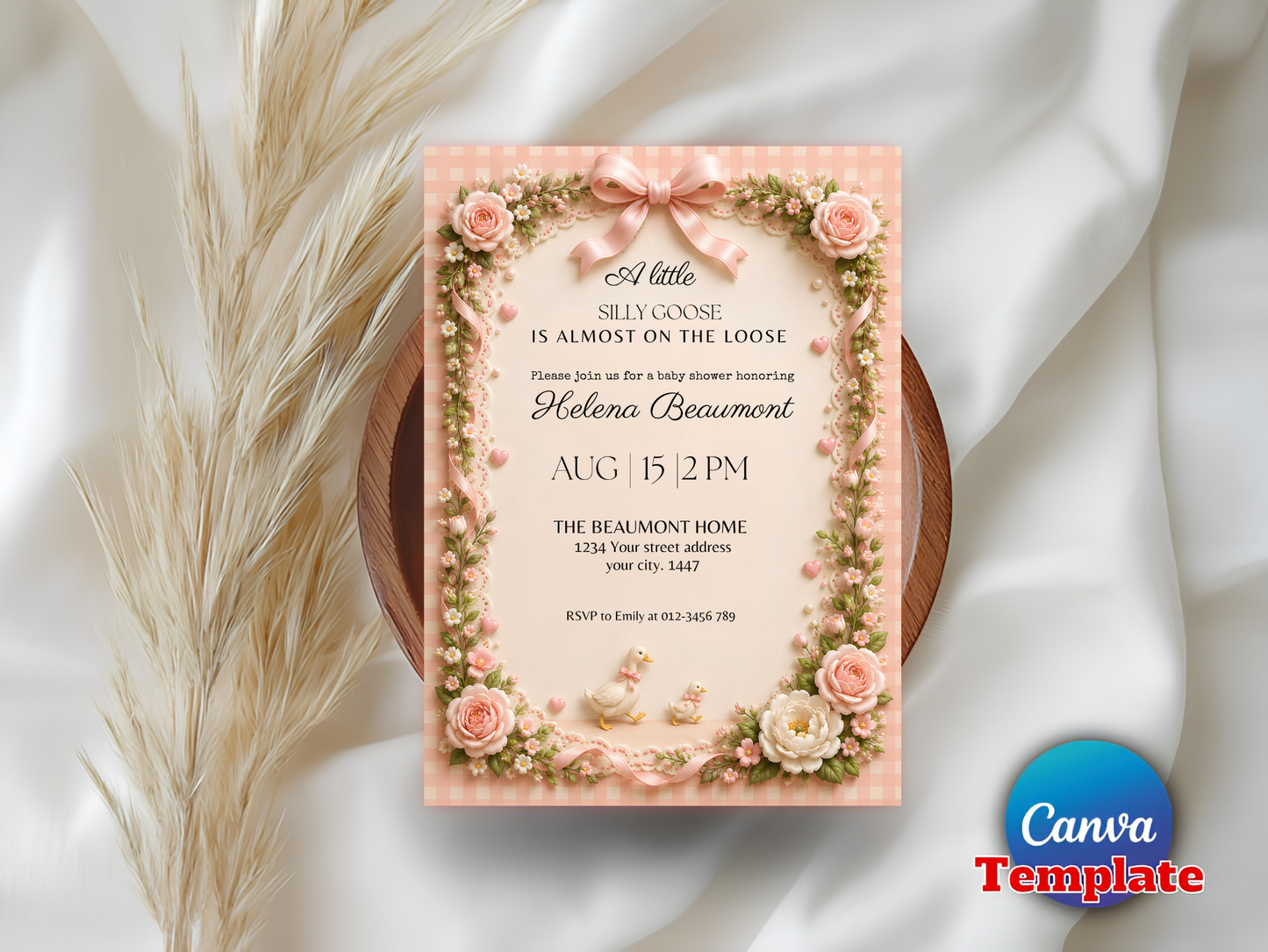 Silly Goose Baby Shower Invitation Girl, Pink Coquette Bow Goose Invite, A Little Silly Goose Is Almost On The Loose, Editable Canva Template Download