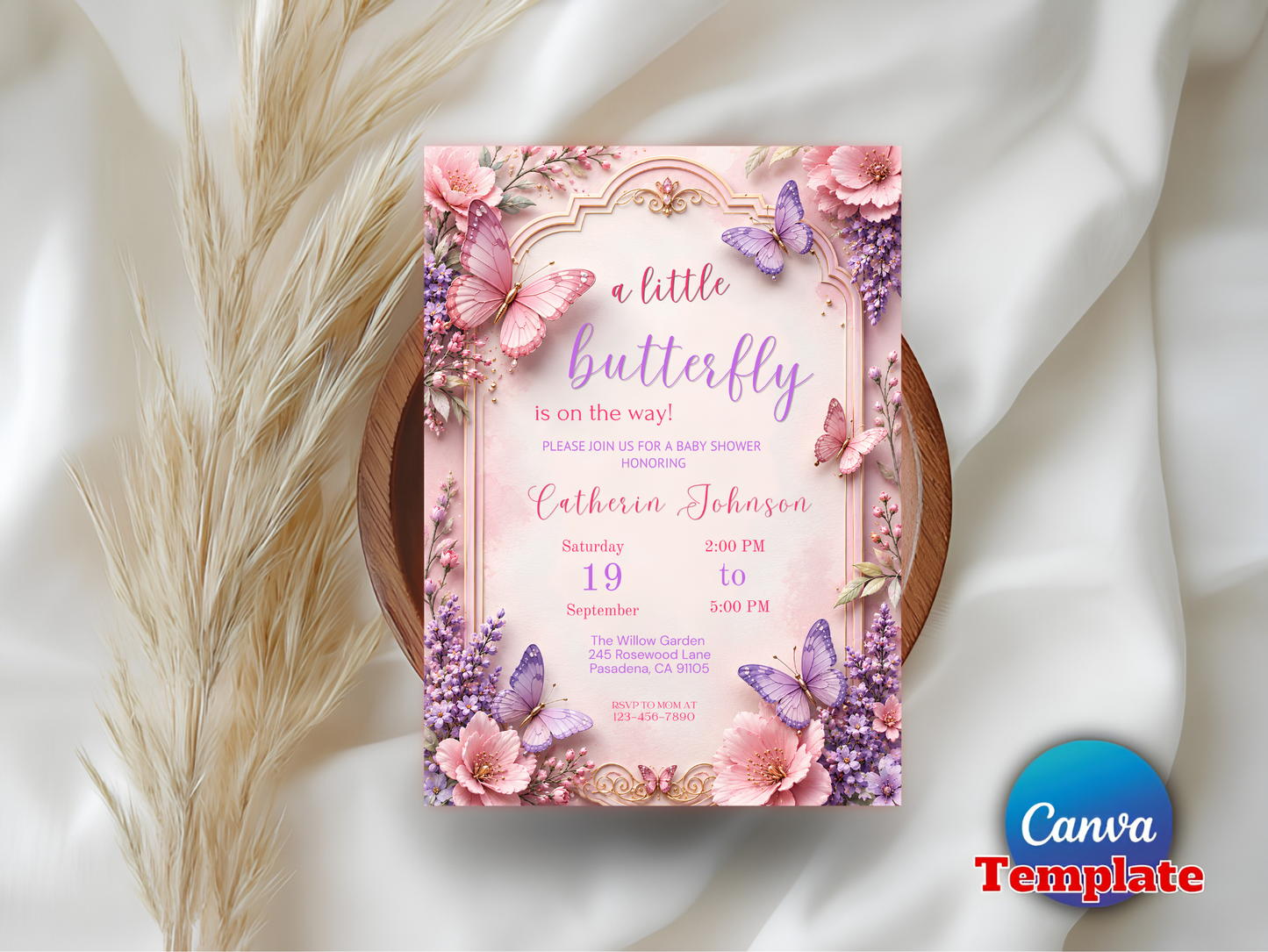 Butterfly Baby Shower Invitation Editable Template, Pink Purple Floral Butterfly Invite, Girl Baby Shower, Canva Template