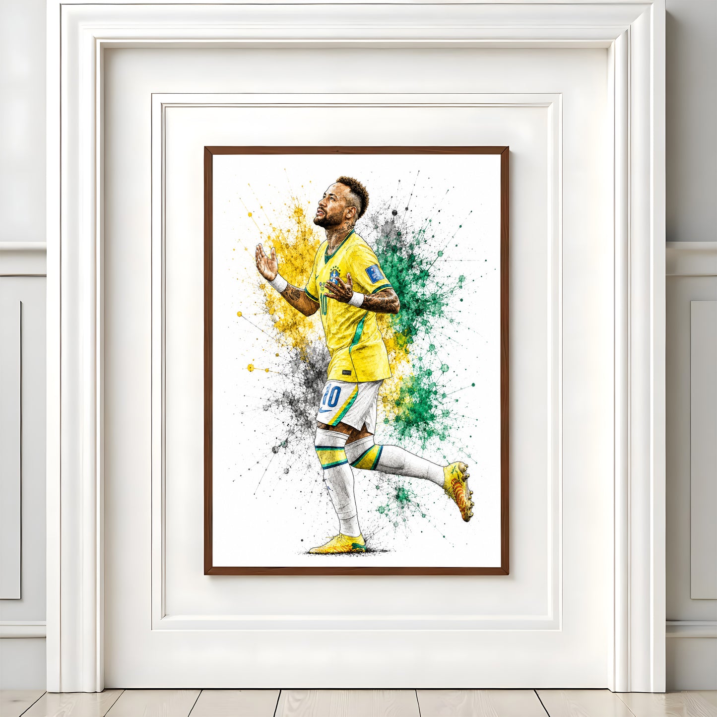 Neymar Jr Brazil Looking Up to Sky Gratitude Celebration Watercolor Splatter Art Poster (Printable+Physical)