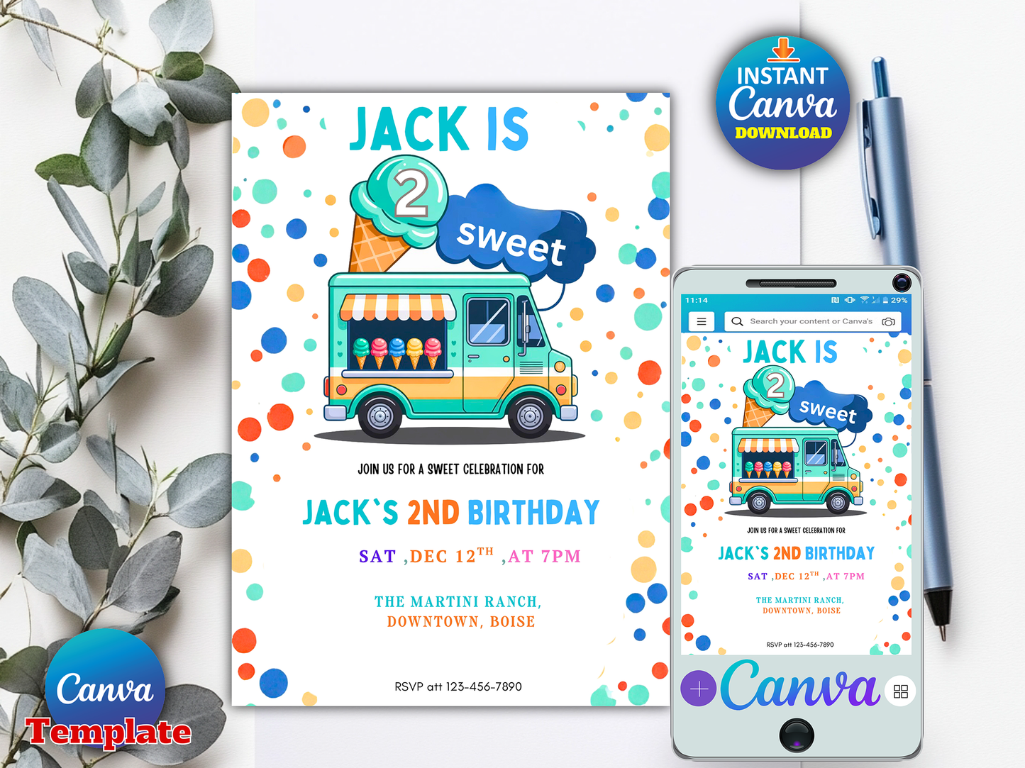 Ice Cream Two Sweet 2nd Birthday Party Invitation