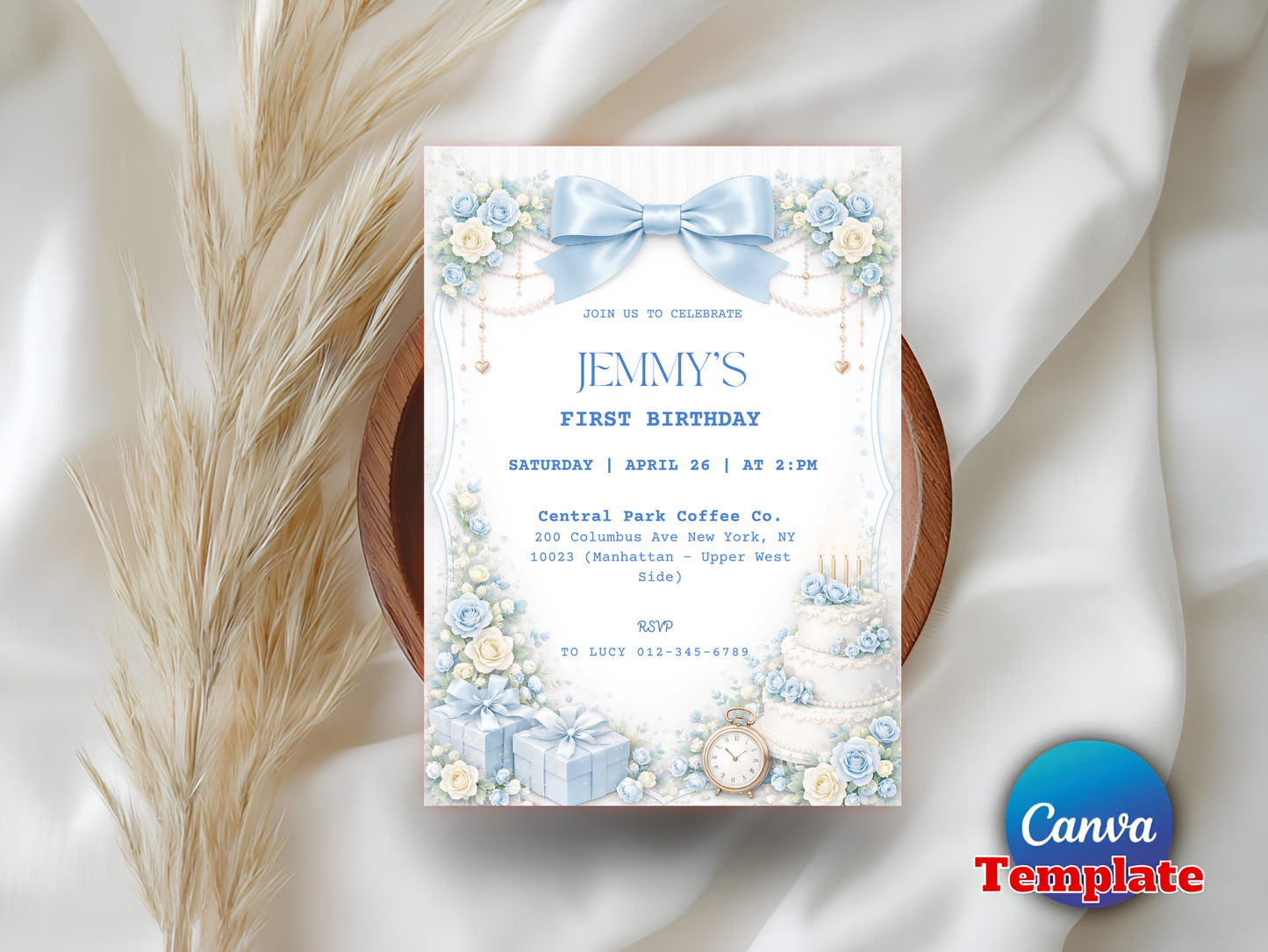 Editable Elegant Blue Rose 1st Birthday Invitation Template | Coquette Blue Bow Party Invite (Degital Template)