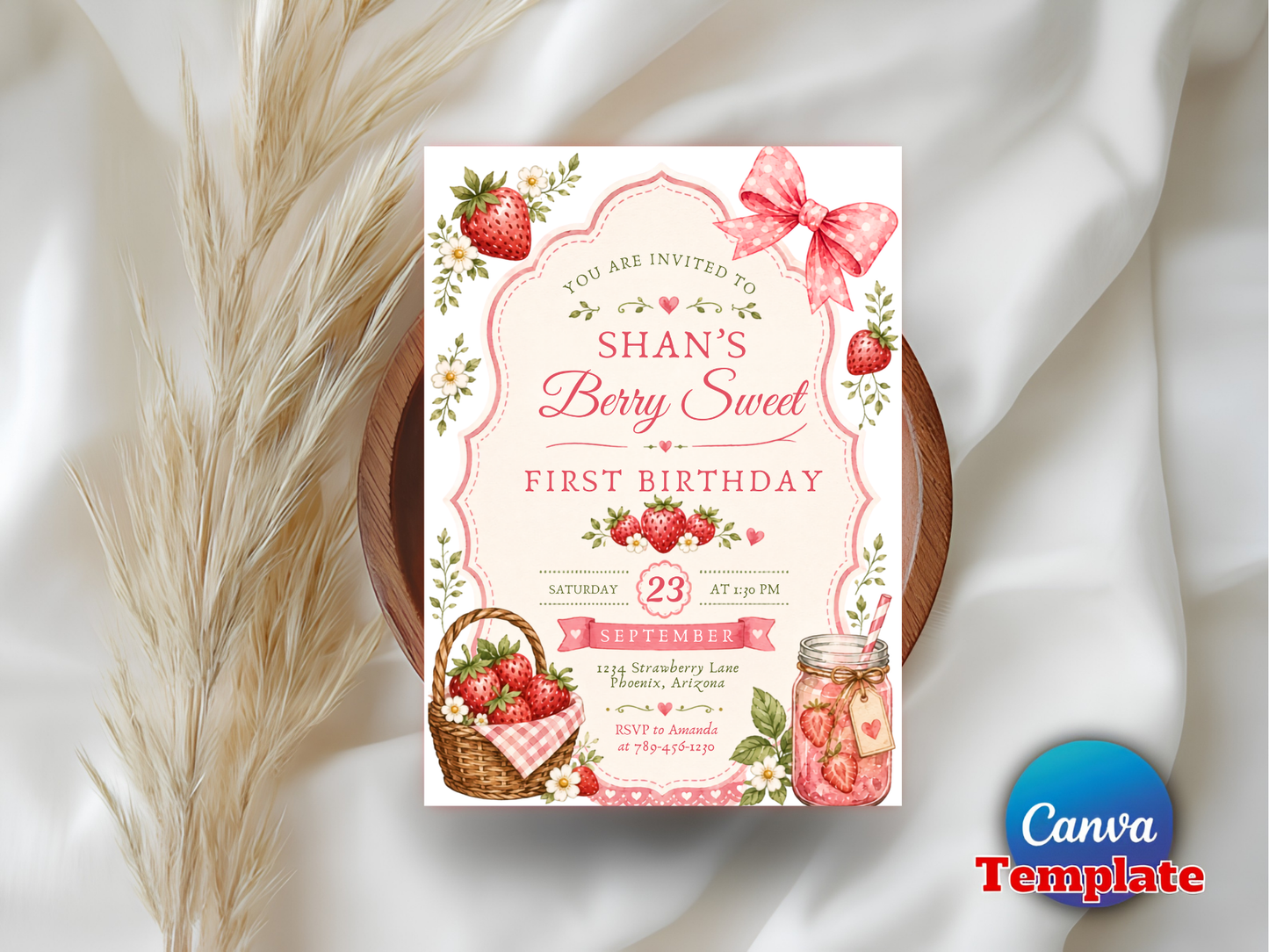 Berry Sweet First Birthday Invitation Template, Strawberry Editable Invite, Girl 1st Birthday Canva Template, Instant Download