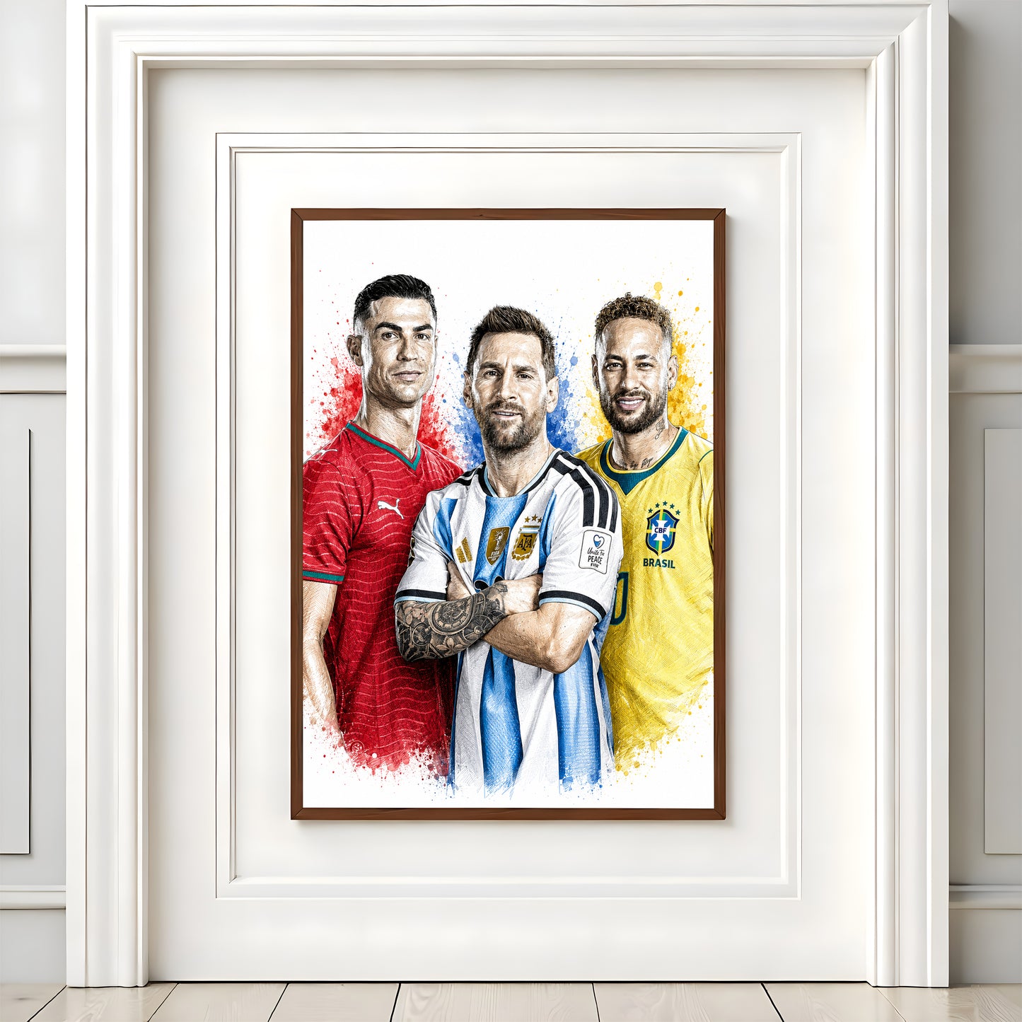 Football Triumvirate Messi Ronaldo Neymar Poster Trio Legends Watercolor Sketch Wall Art (Printable+Physical)