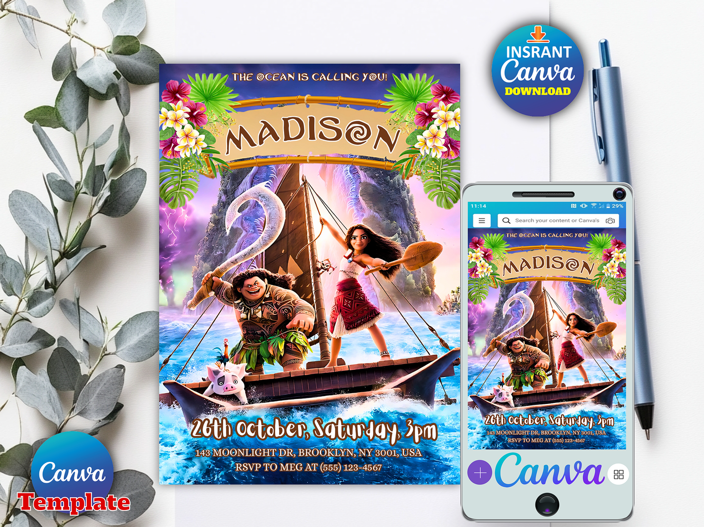 Editable Moana Birthday Invitation Template