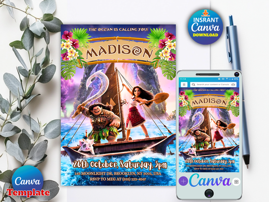 Editable Moana Birthday Invitation Template